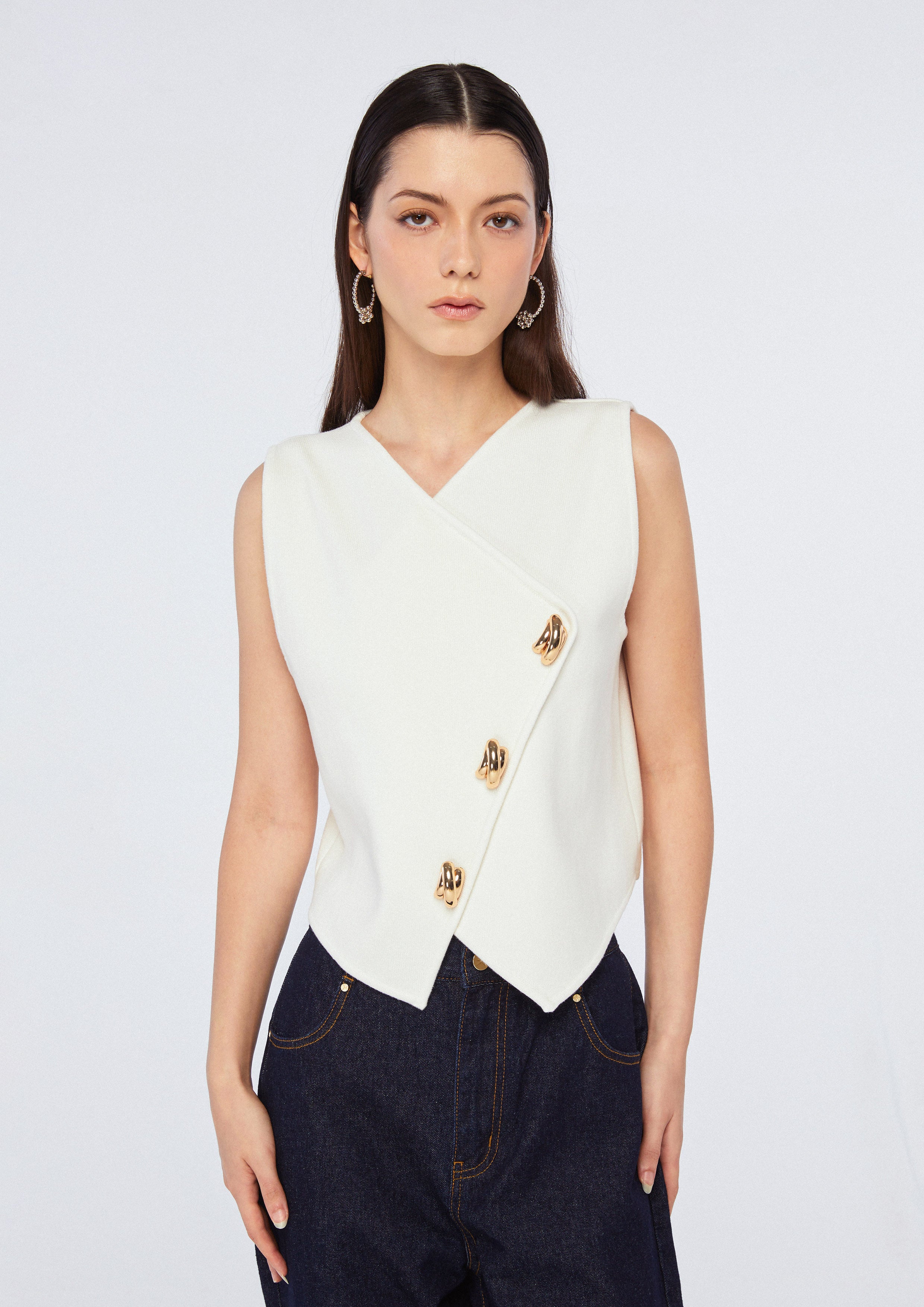 Sleeveless Wrap Top WIth Gold Knot Button Top