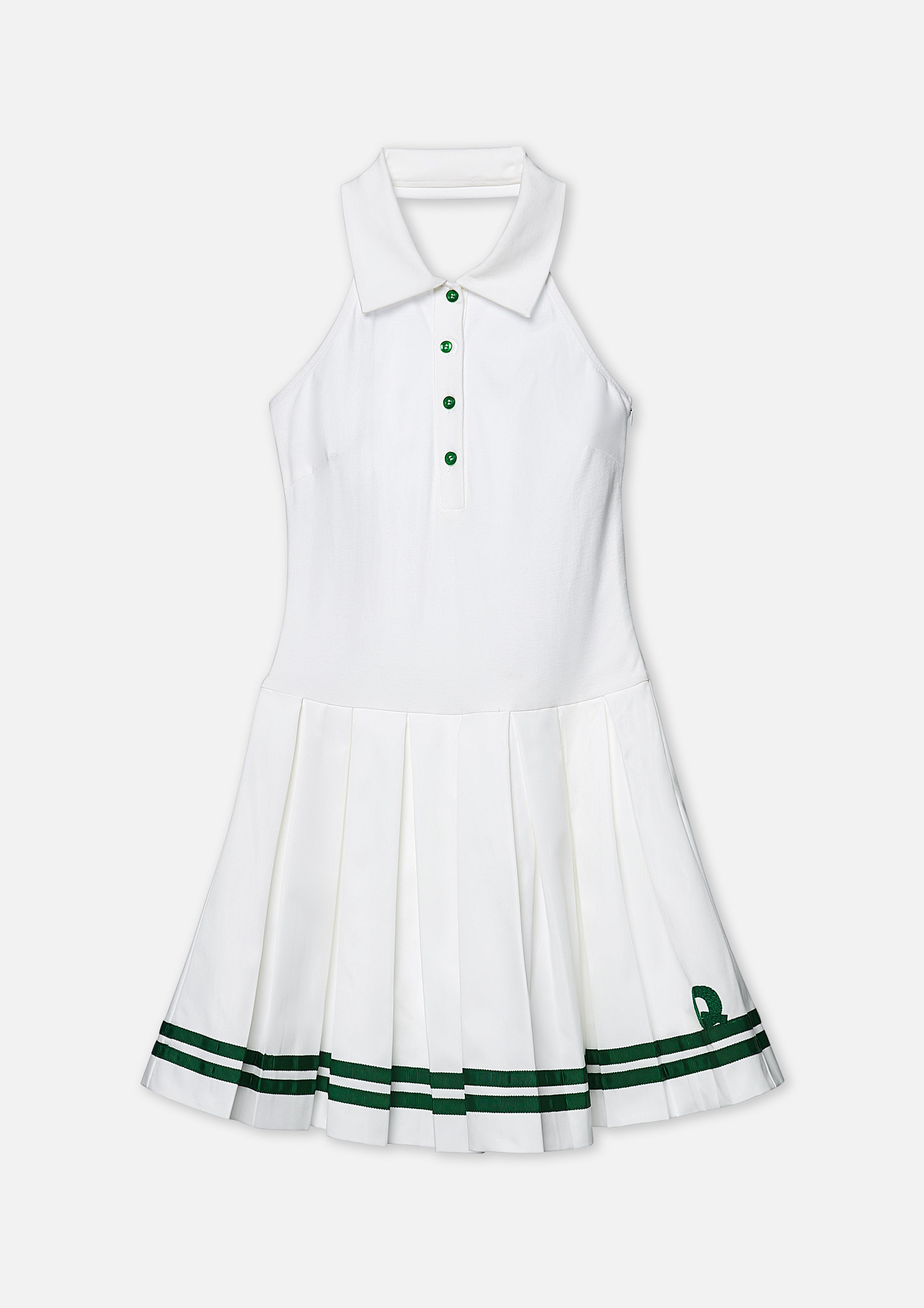 Pleated Halter Polo Dress with Embroidered Trim