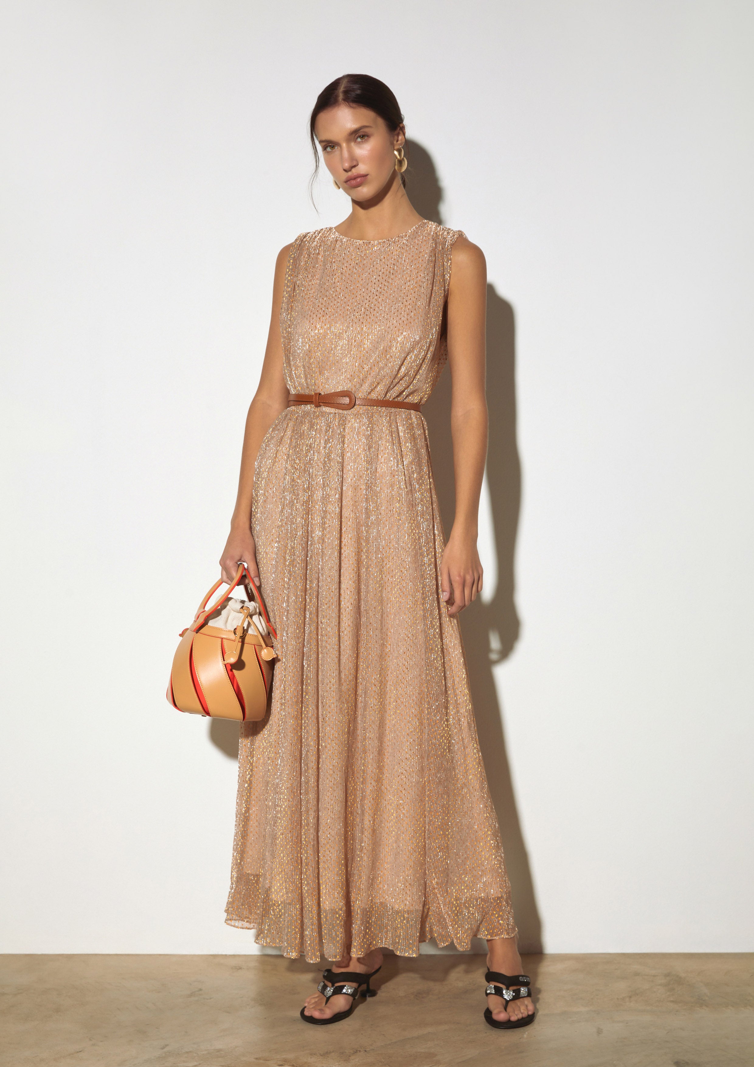 Metallic Pleated Sleeveless Maxi Dress