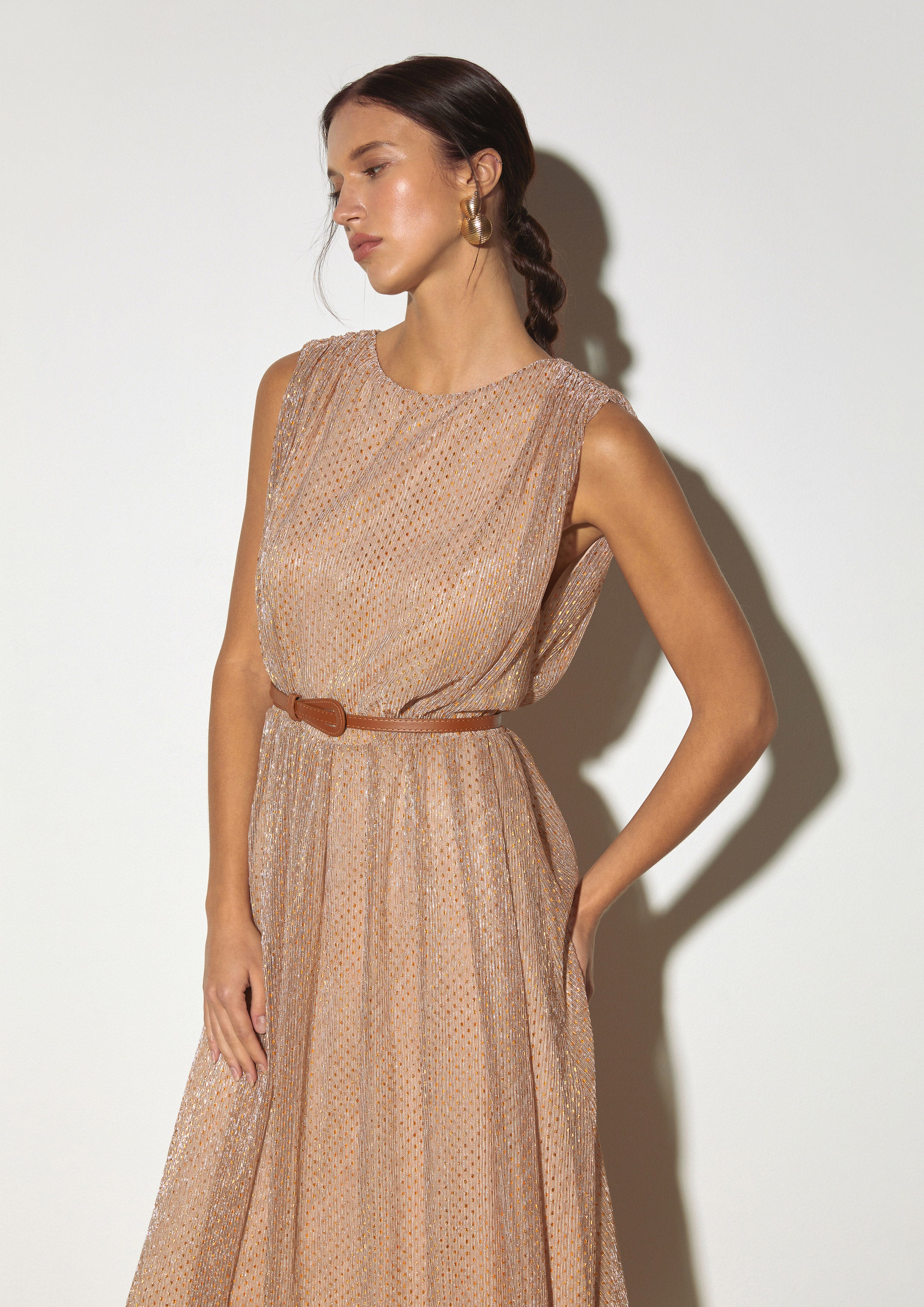 Metallic Pleated Sleeveless Maxi Dress