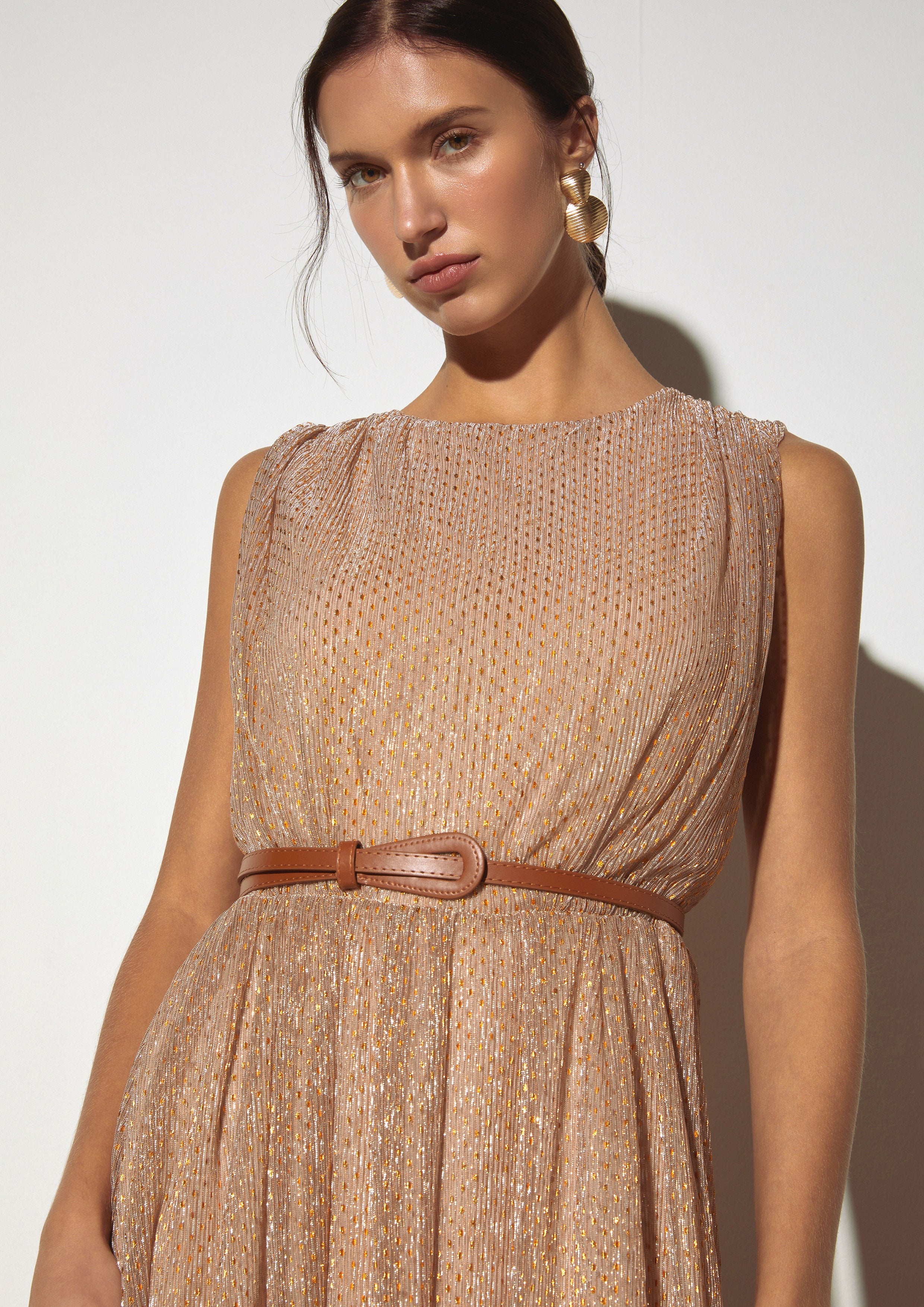 Metallic Pleated Sleeveless Maxi Dress