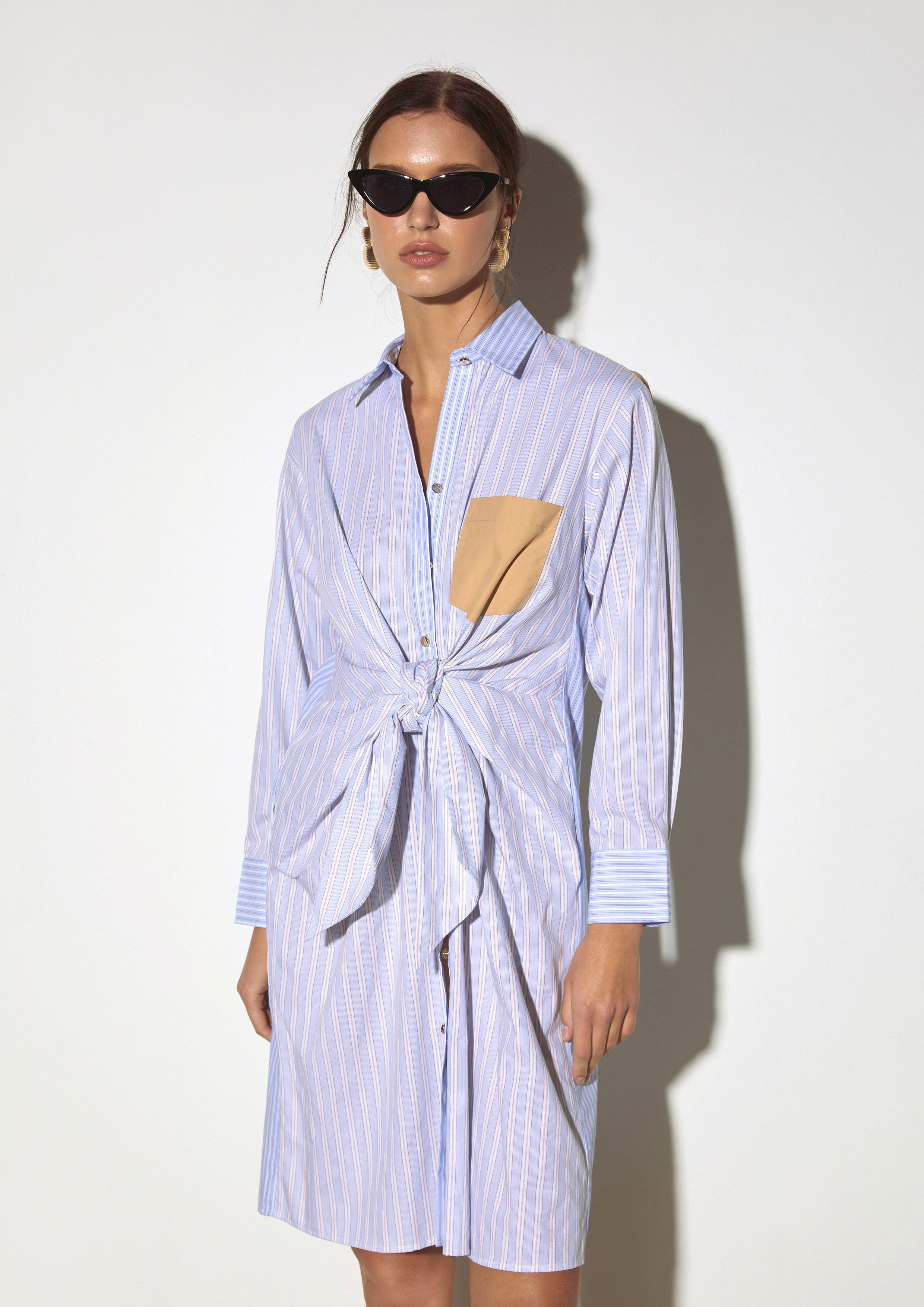 Two-Tone Striped Shirt Dress with Front Knot