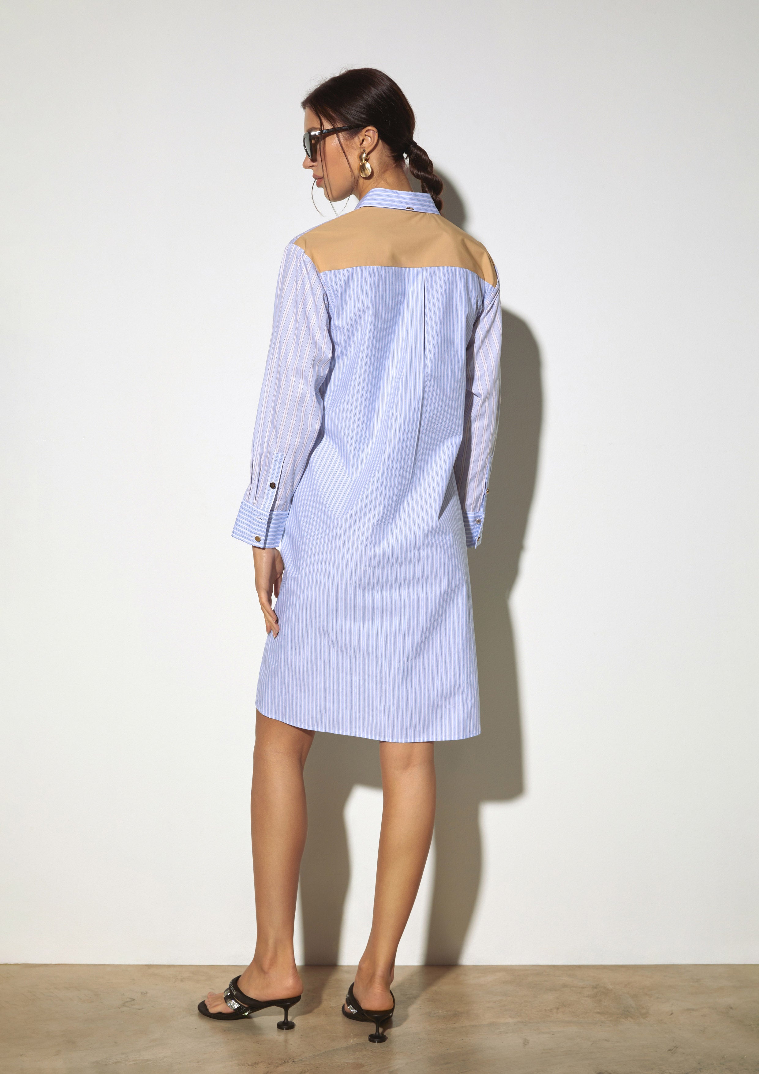 Two-Tone Striped Shirt Dress with Front Knot