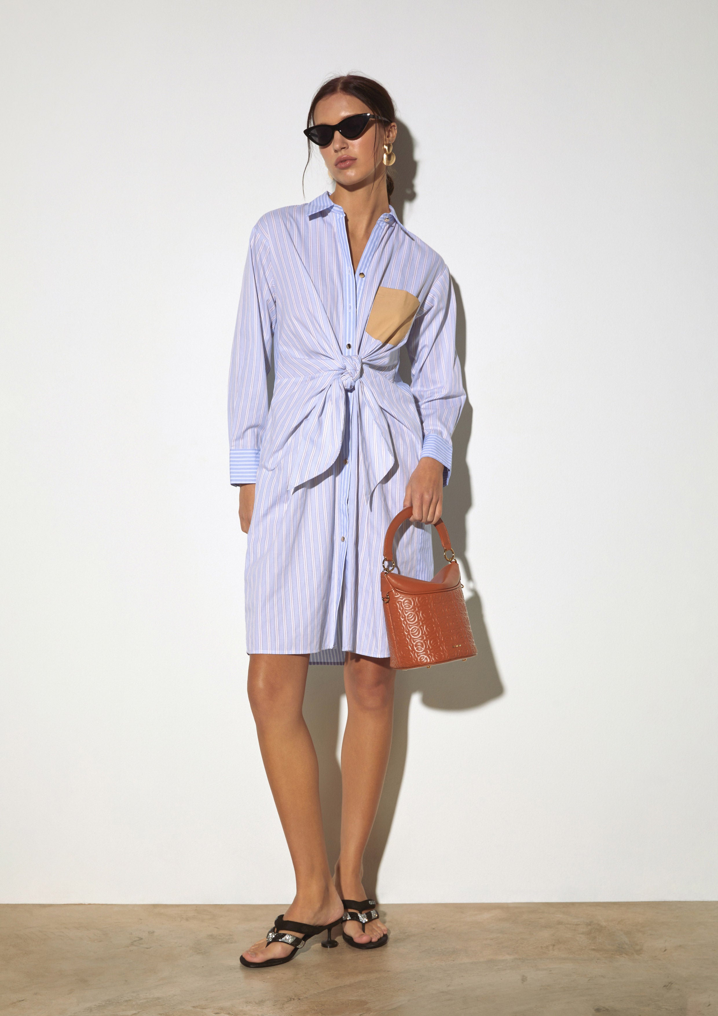 Two-Tone Striped Shirt Dress with Front Knot