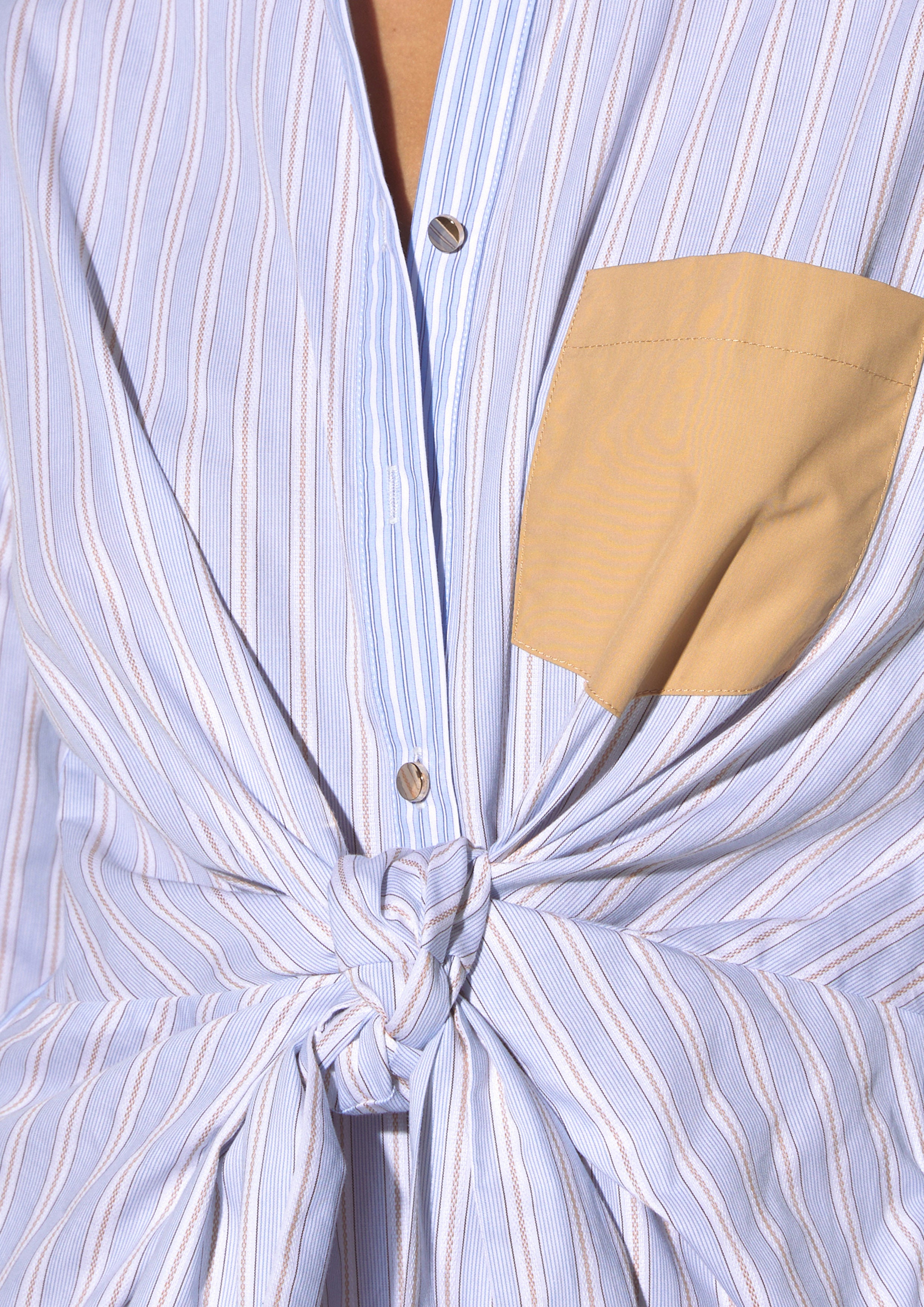 Two-Tone Striped Shirt Dress with Front Knot