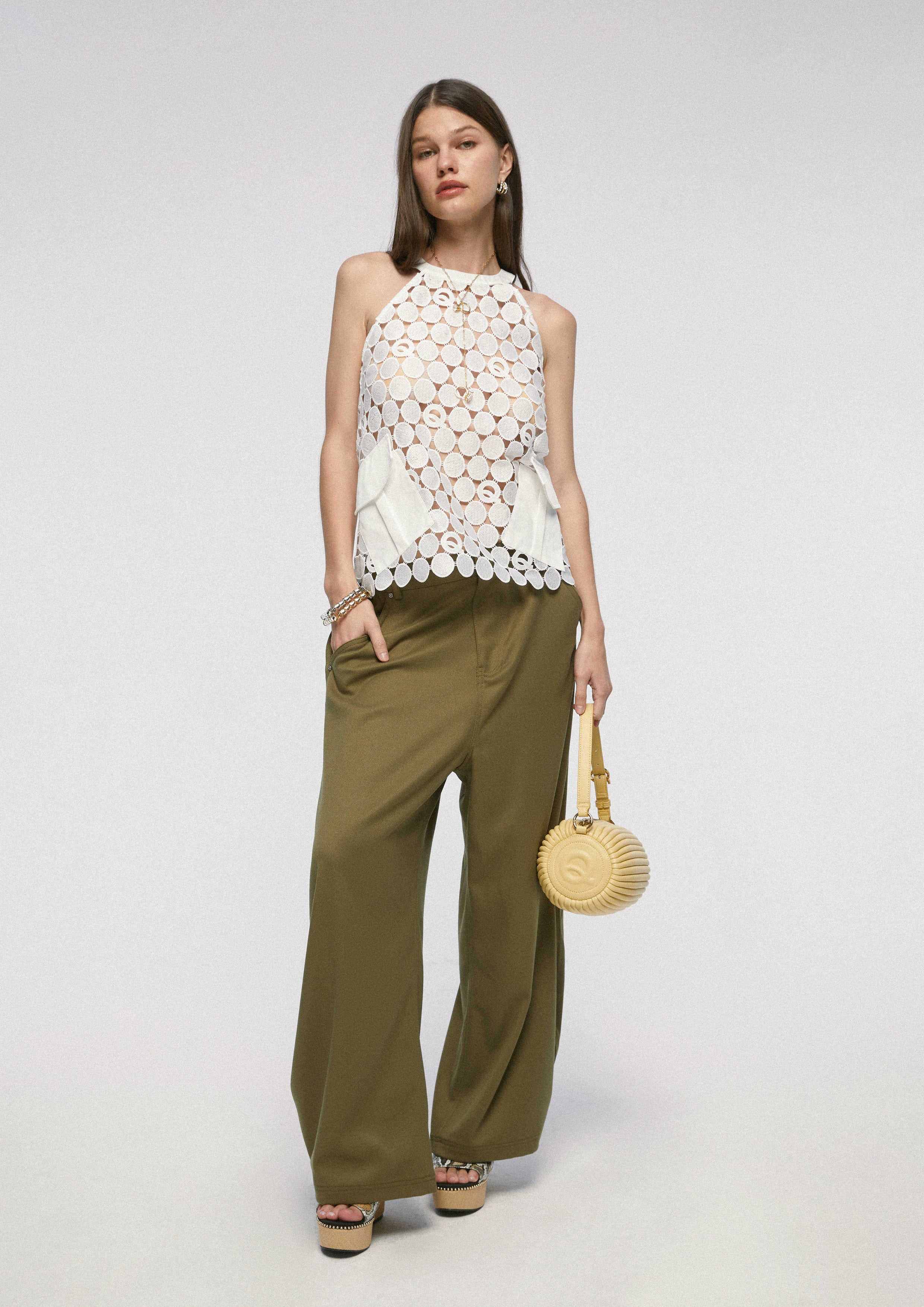 Embroidered Circle Mesh Halter Top