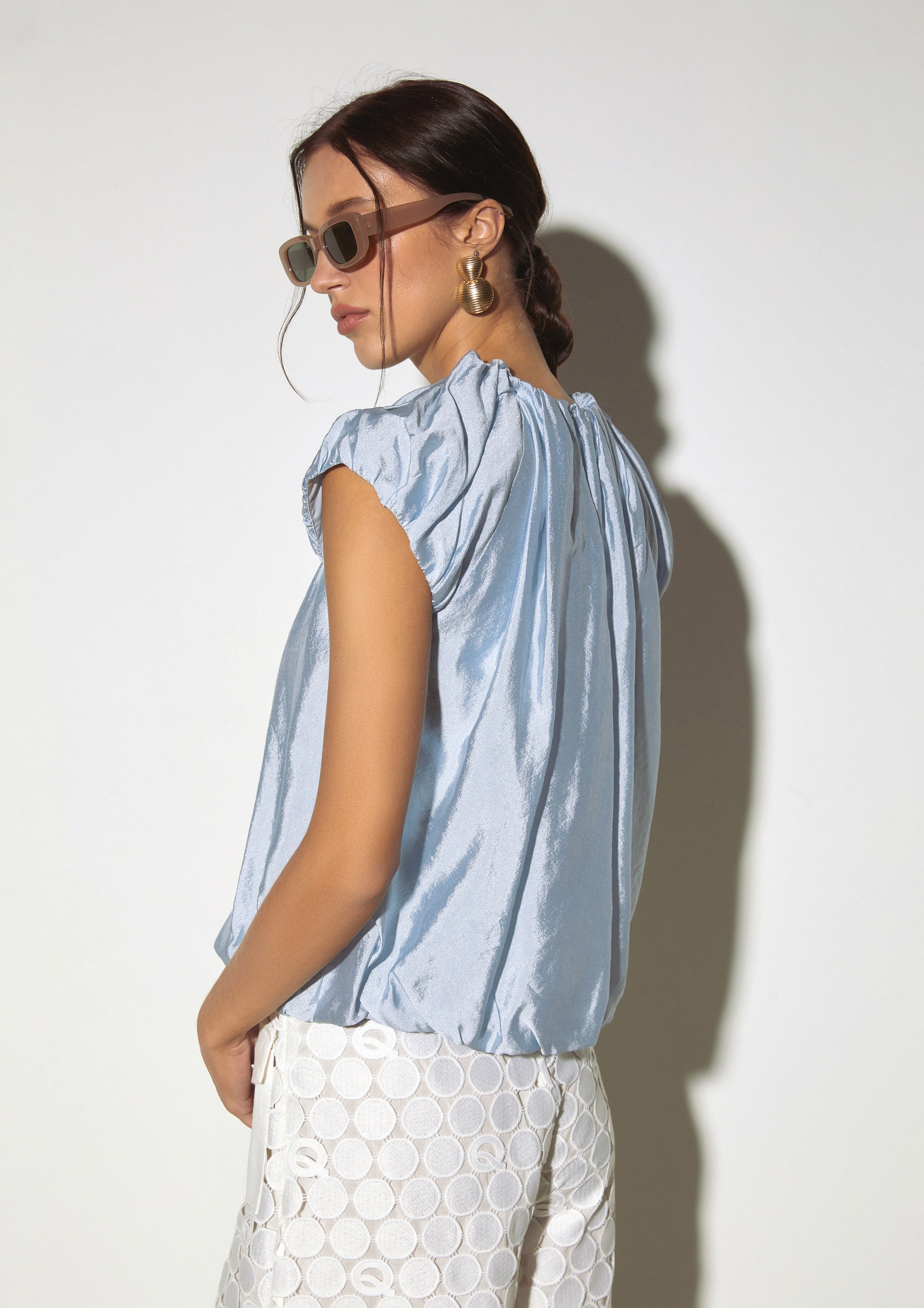Shimmering Gathered Cap Sleeve Top