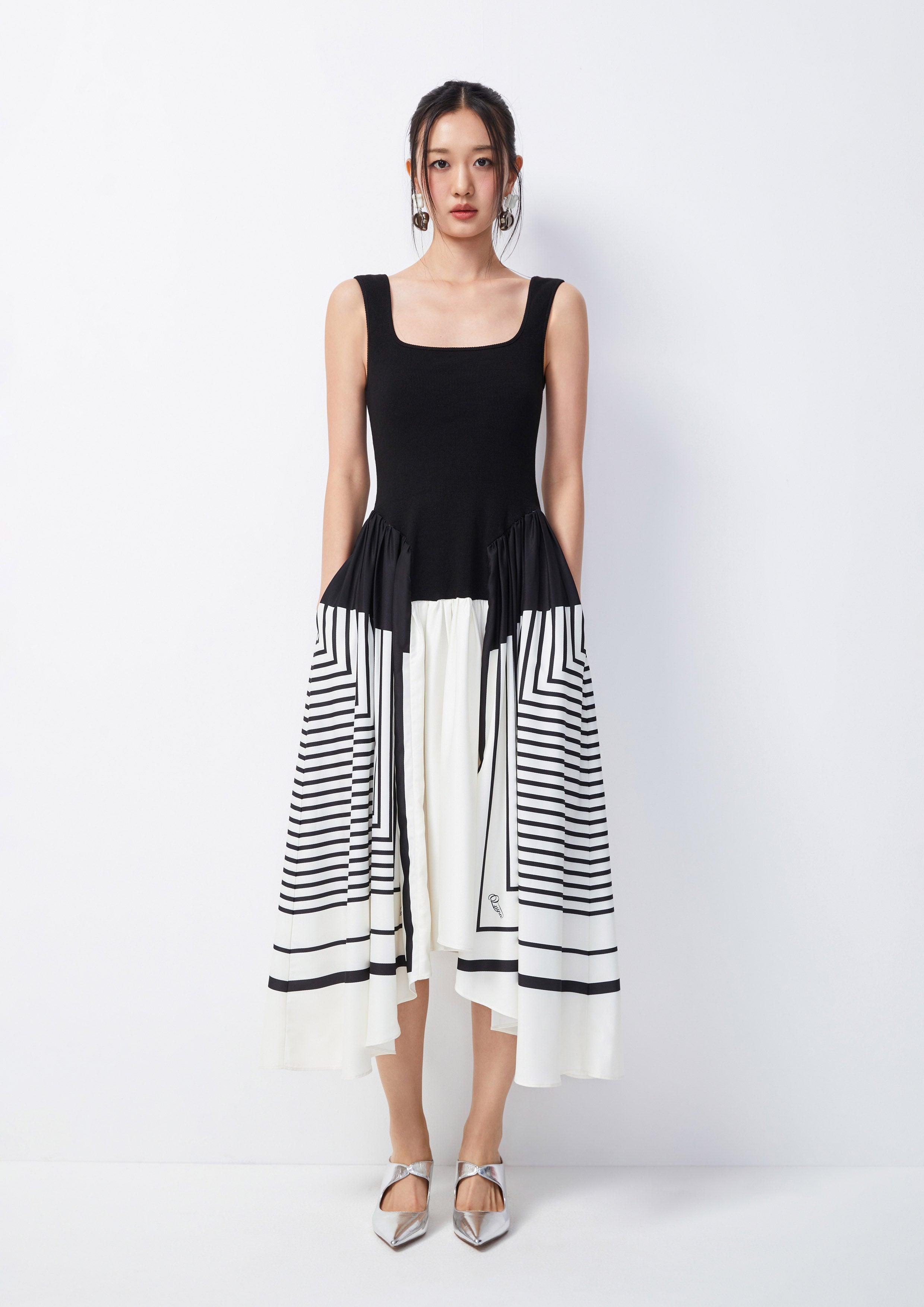 Geometric Striped Asymmetric Midi Dress - QuinnOfficial Store