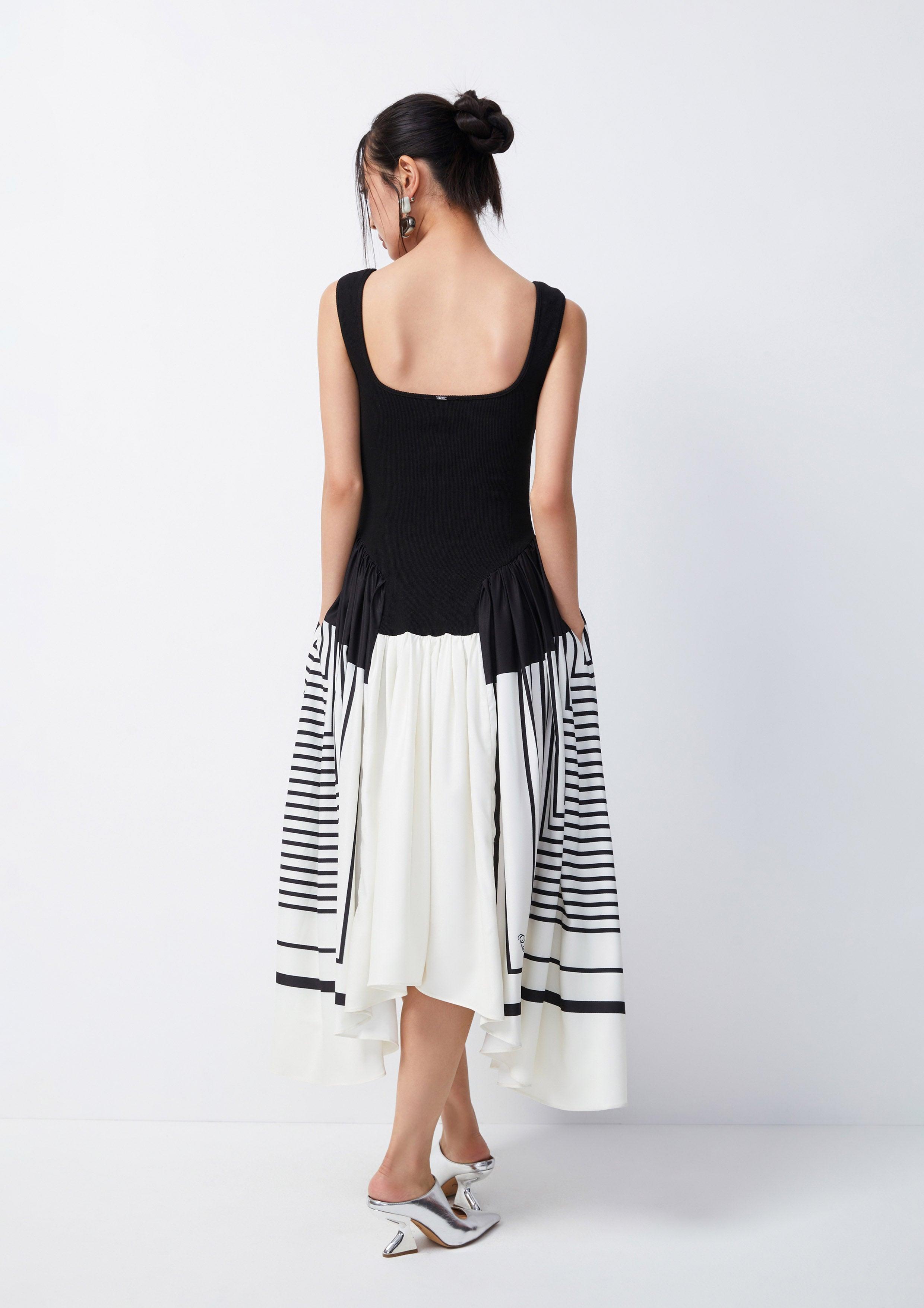 Geometric Striped Asymmetric Midi Dress - QuinnOfficial Store