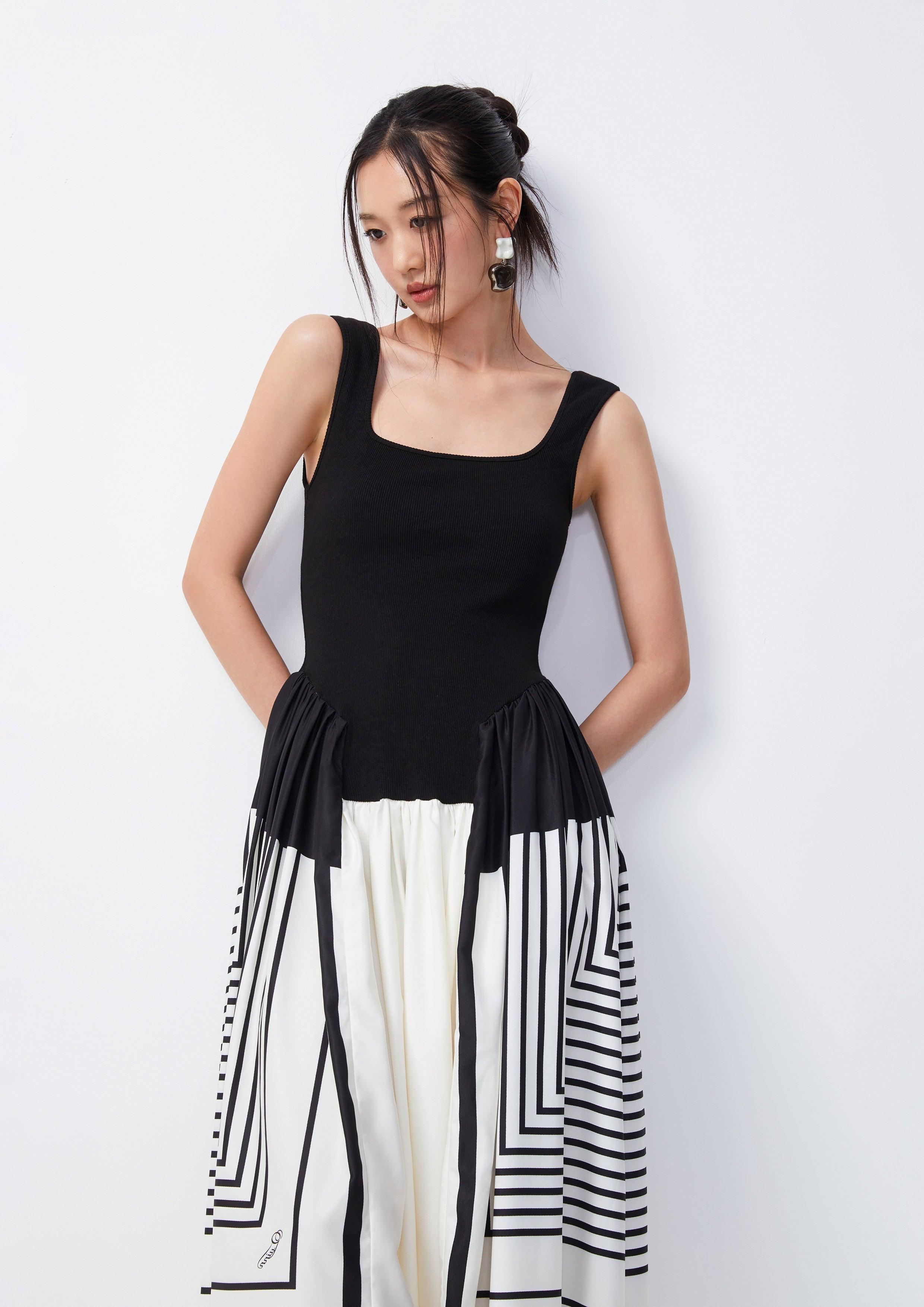 Geometric Striped Asymmetric Midi Dress - QuinnOfficial Store