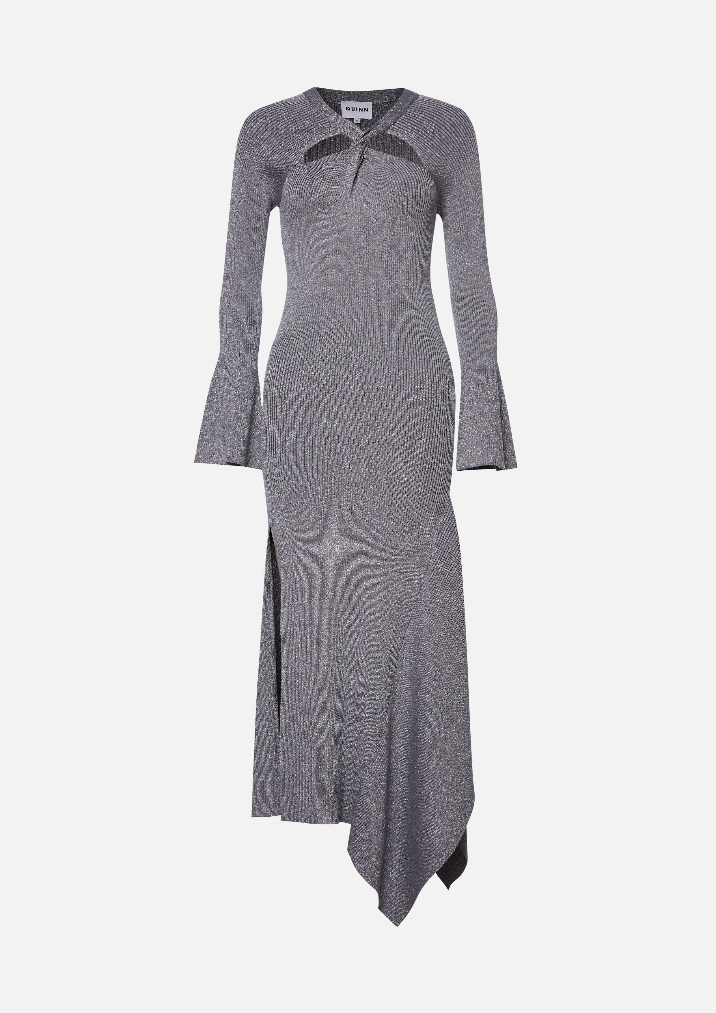 Ribbed Knitted Long Sleeve Asymmetric Midi Dress - QuinnOfficial Store