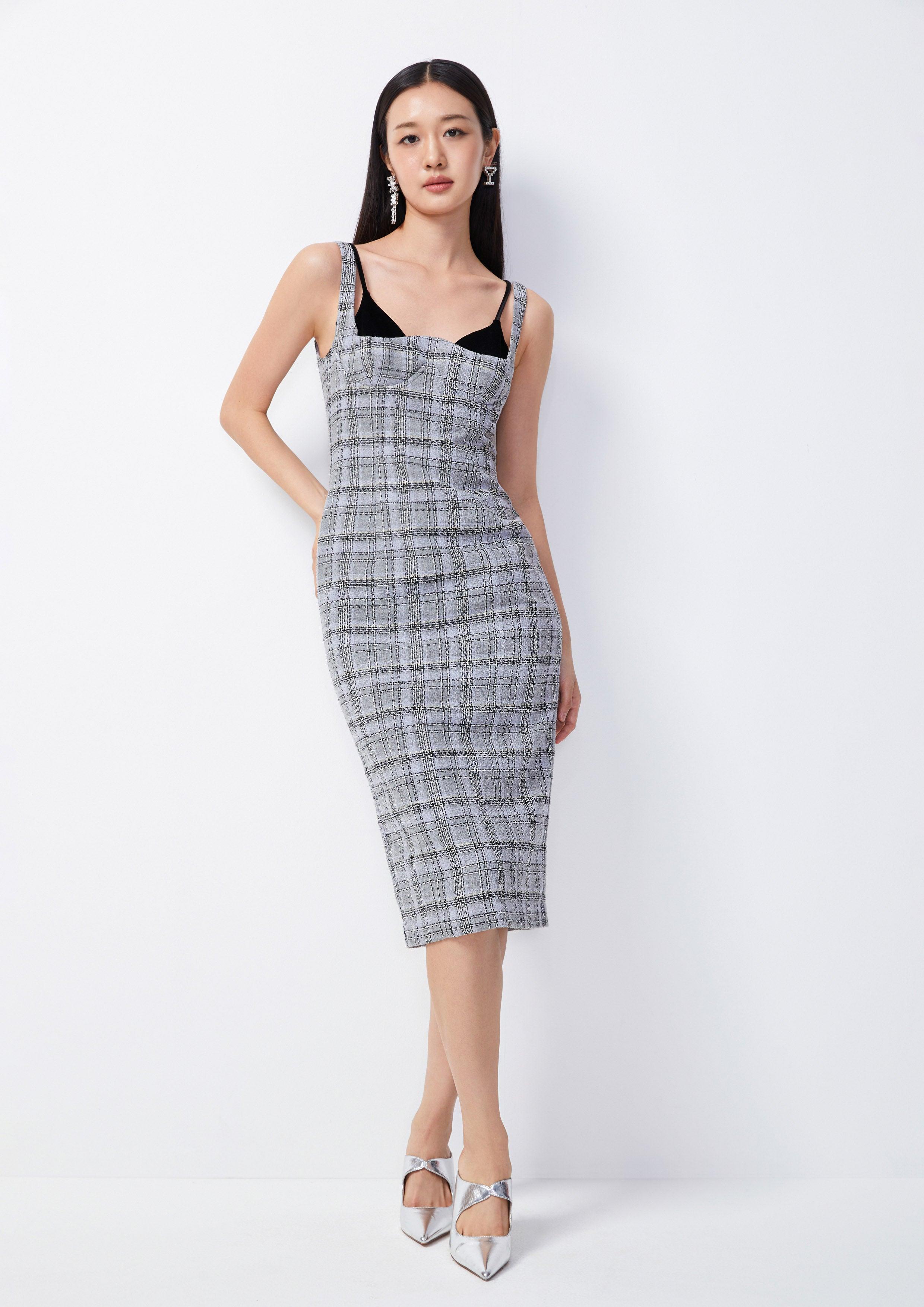 Lady Grey Plaid Chequered Midi Dress - QuinnOfficial Store