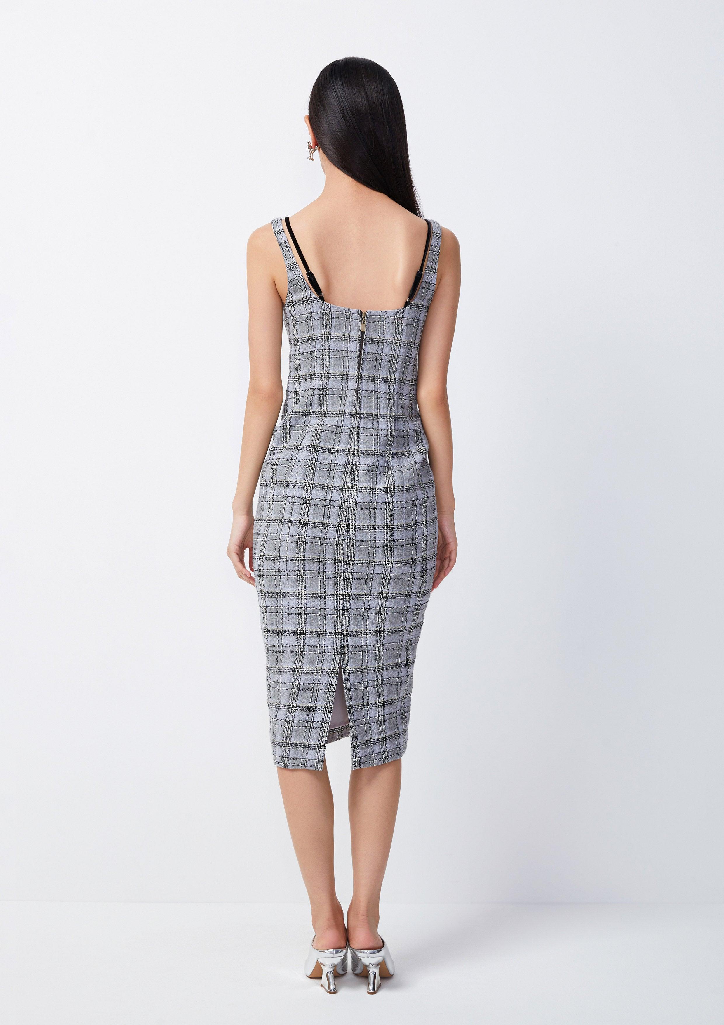 Lady Grey Plaid Chequered Midi Dress - QuinnOfficial Store