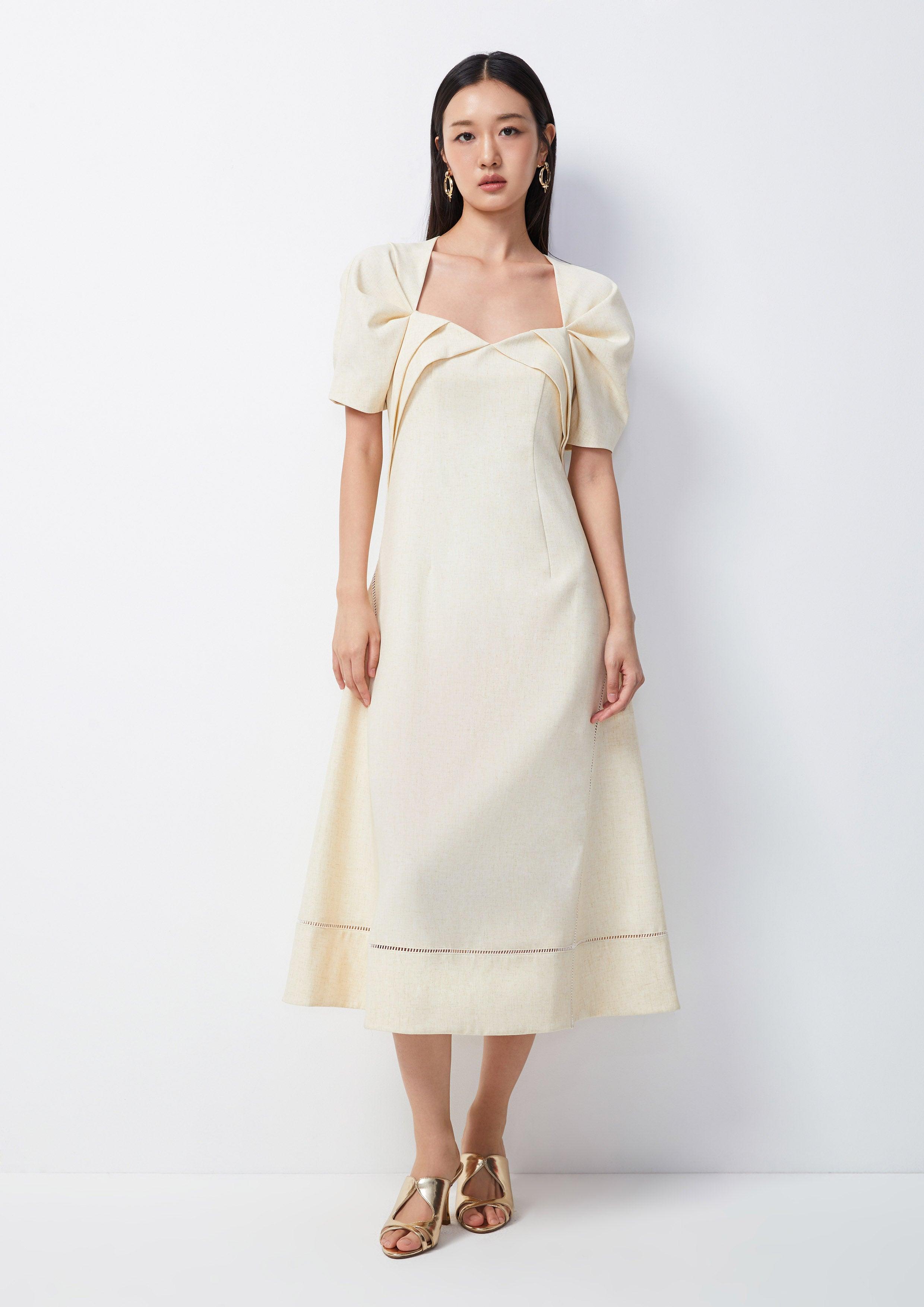 Folded Bust Puffed Sleeve Maxi Dress - QuinnOfficial Store