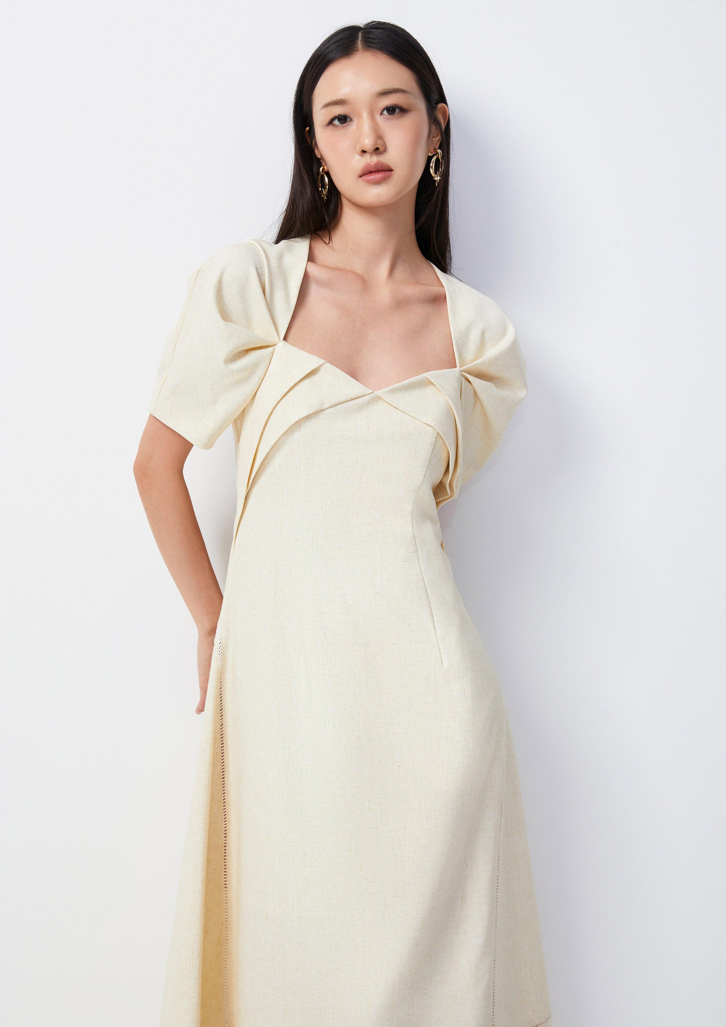 Folded Bust Puffed Sleeve Maxi Dress - QuinnOfficial Store