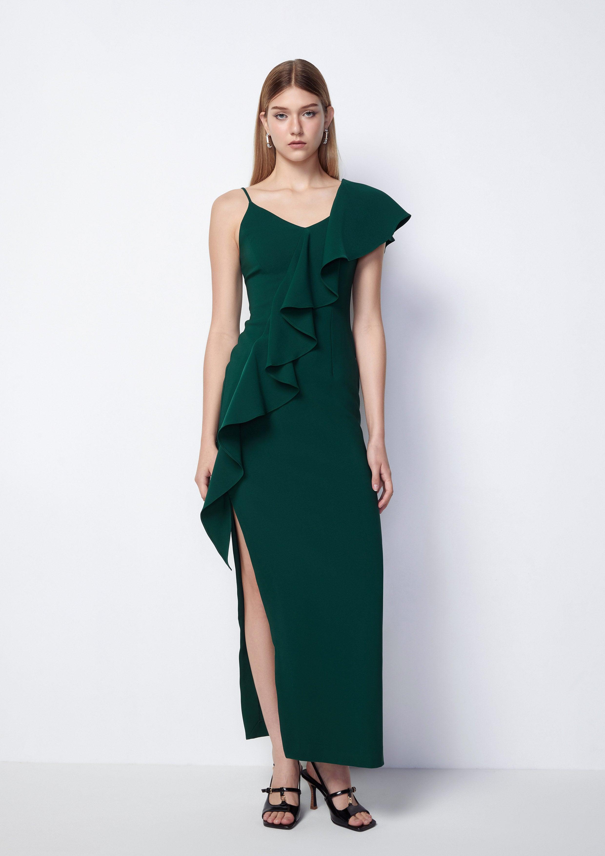 Asymmetric Ruffled Crossed Sheath Midi Dress - QuinnOfficial Store