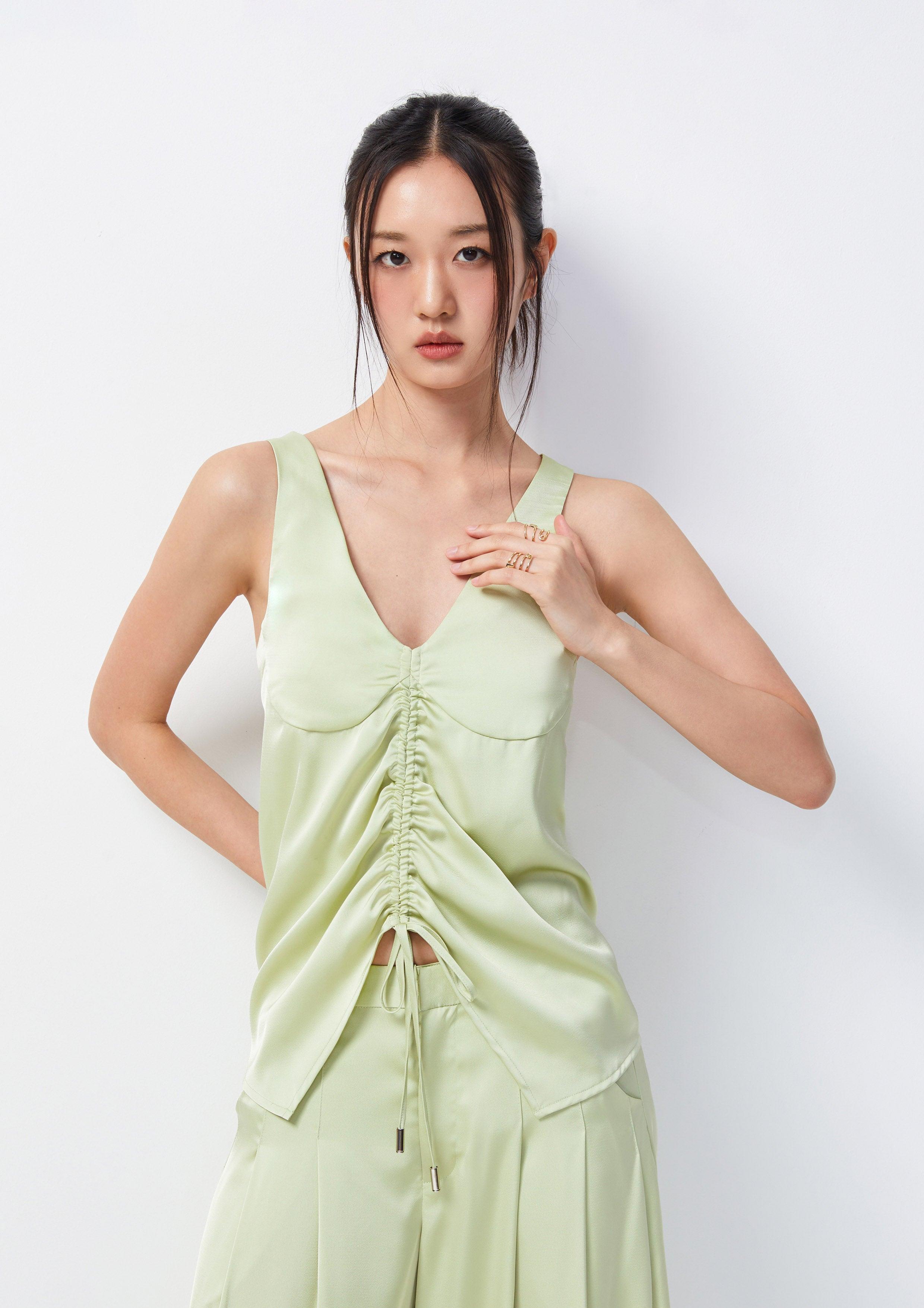 Crisscross Back Drawstring Top with Ruched V-Neckline - QuinnOfficial Store