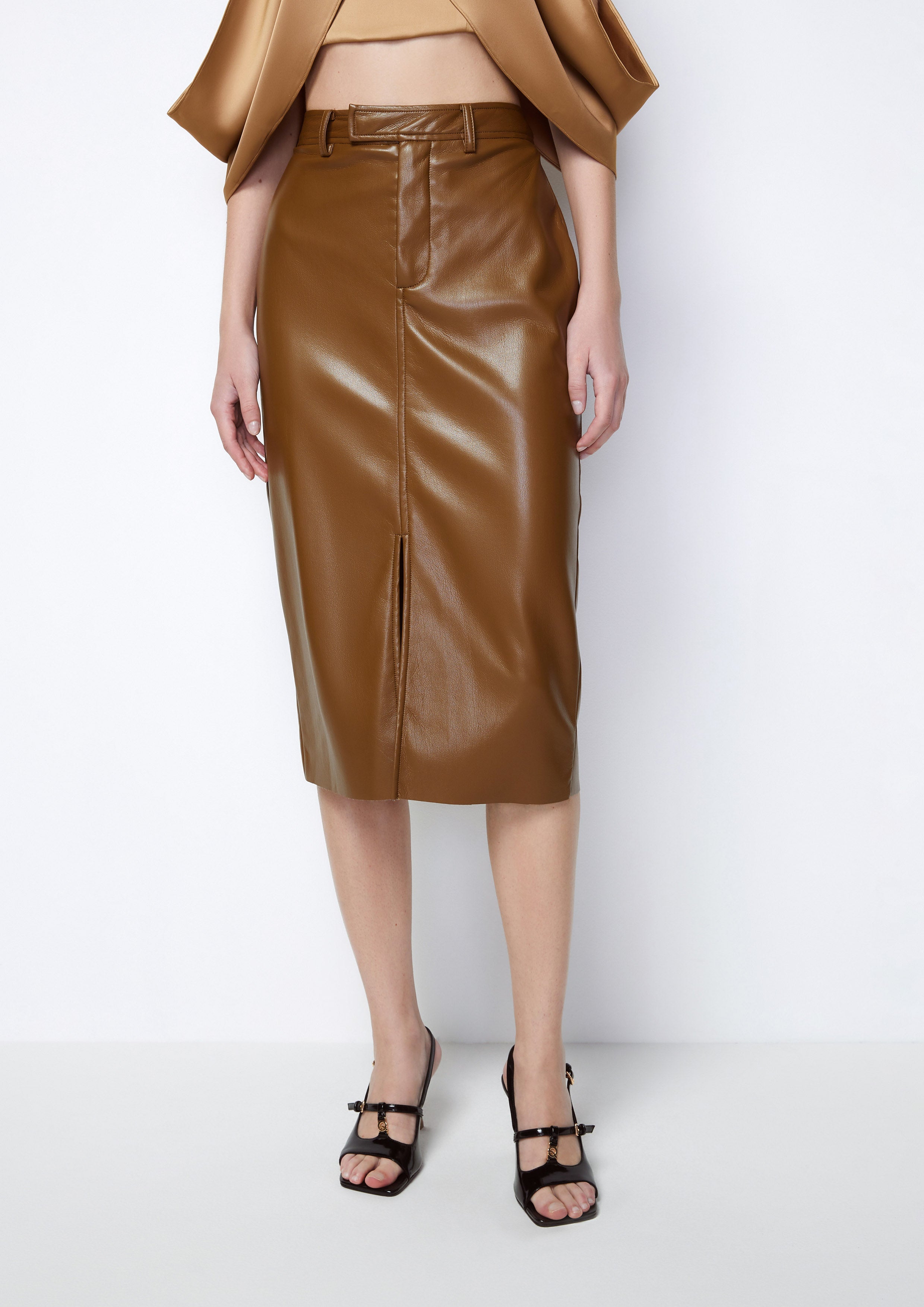 Maverick Leather Front Slit Pencil Midi Skirt