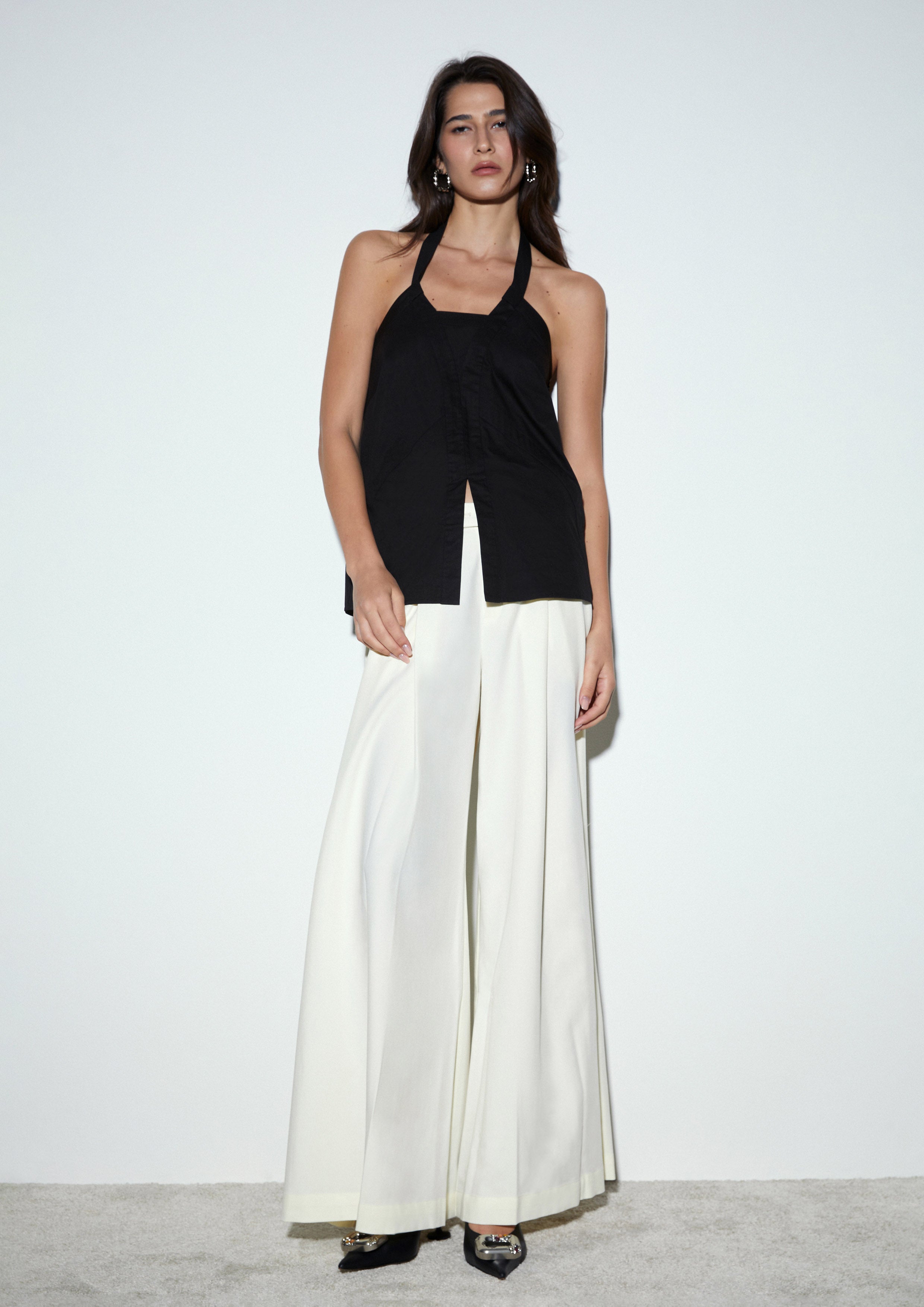 Pleated Flared Wide-Leg Trousers