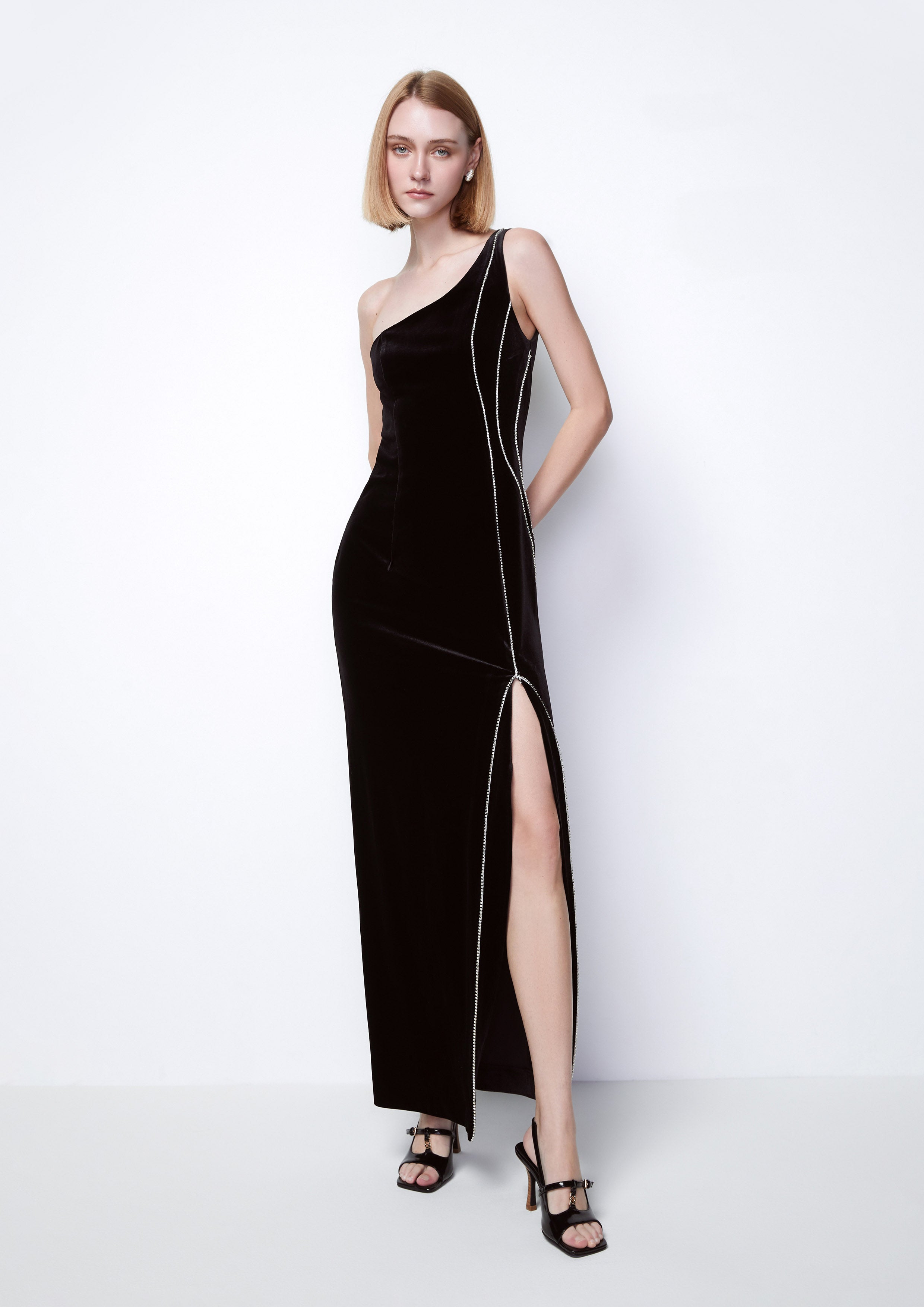 Rhinestone Stripe One Shoulder Slit Maxi Dress