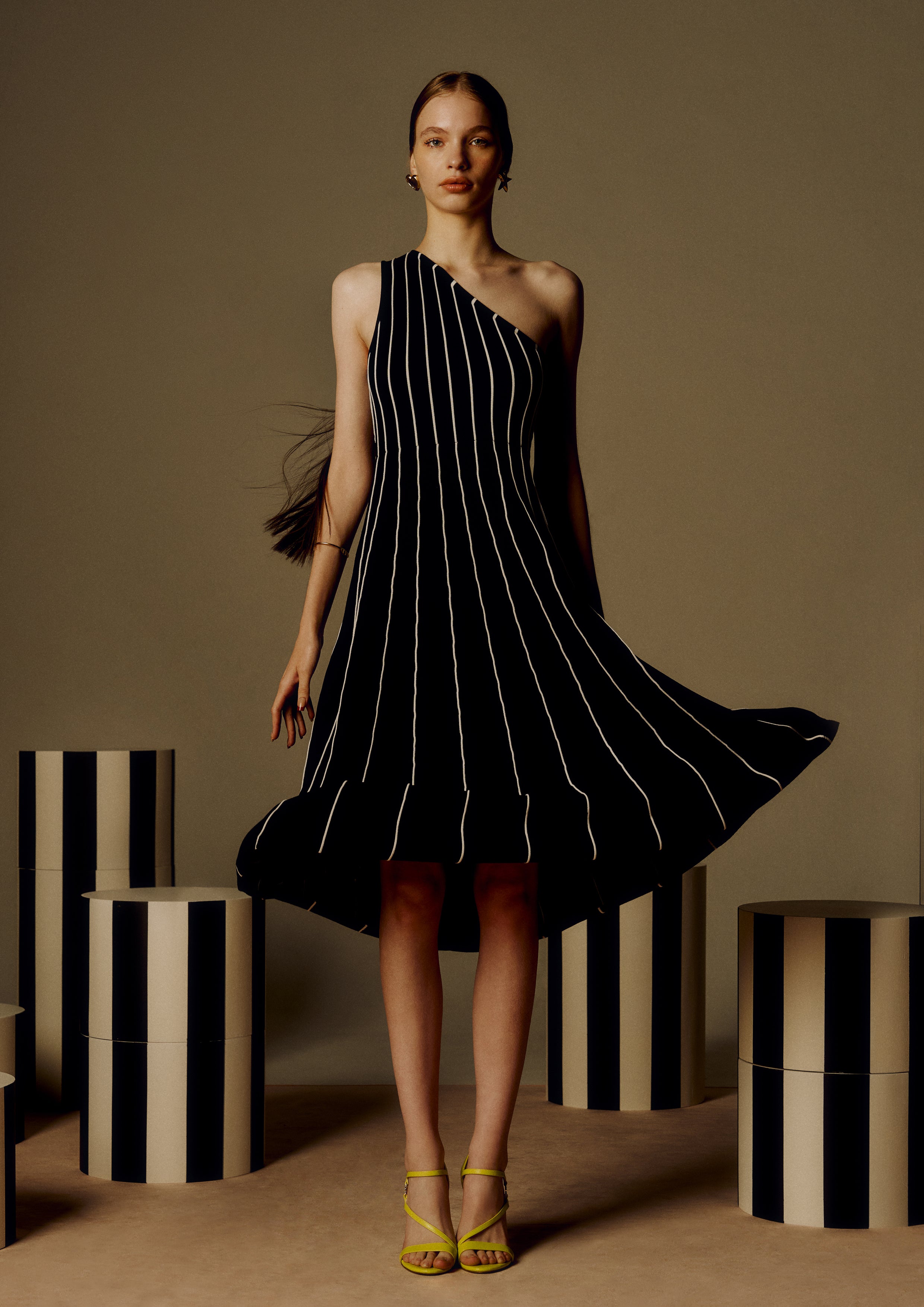 Sleek Stripe Asymmetric Neckline Midi Dress