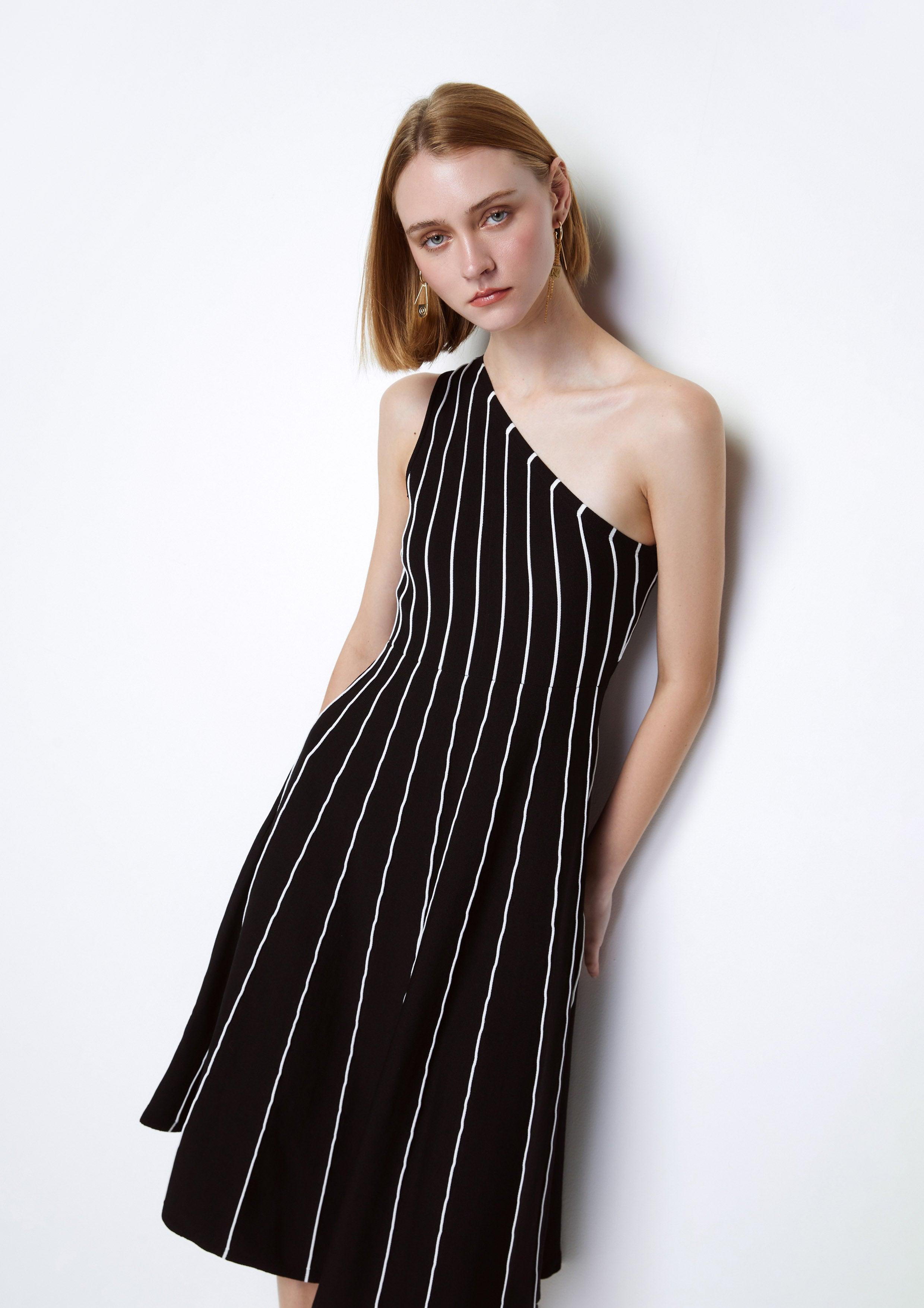 Sleek Stripe Asymmetric Neckline Midi Dress - QuinnOfficial Store