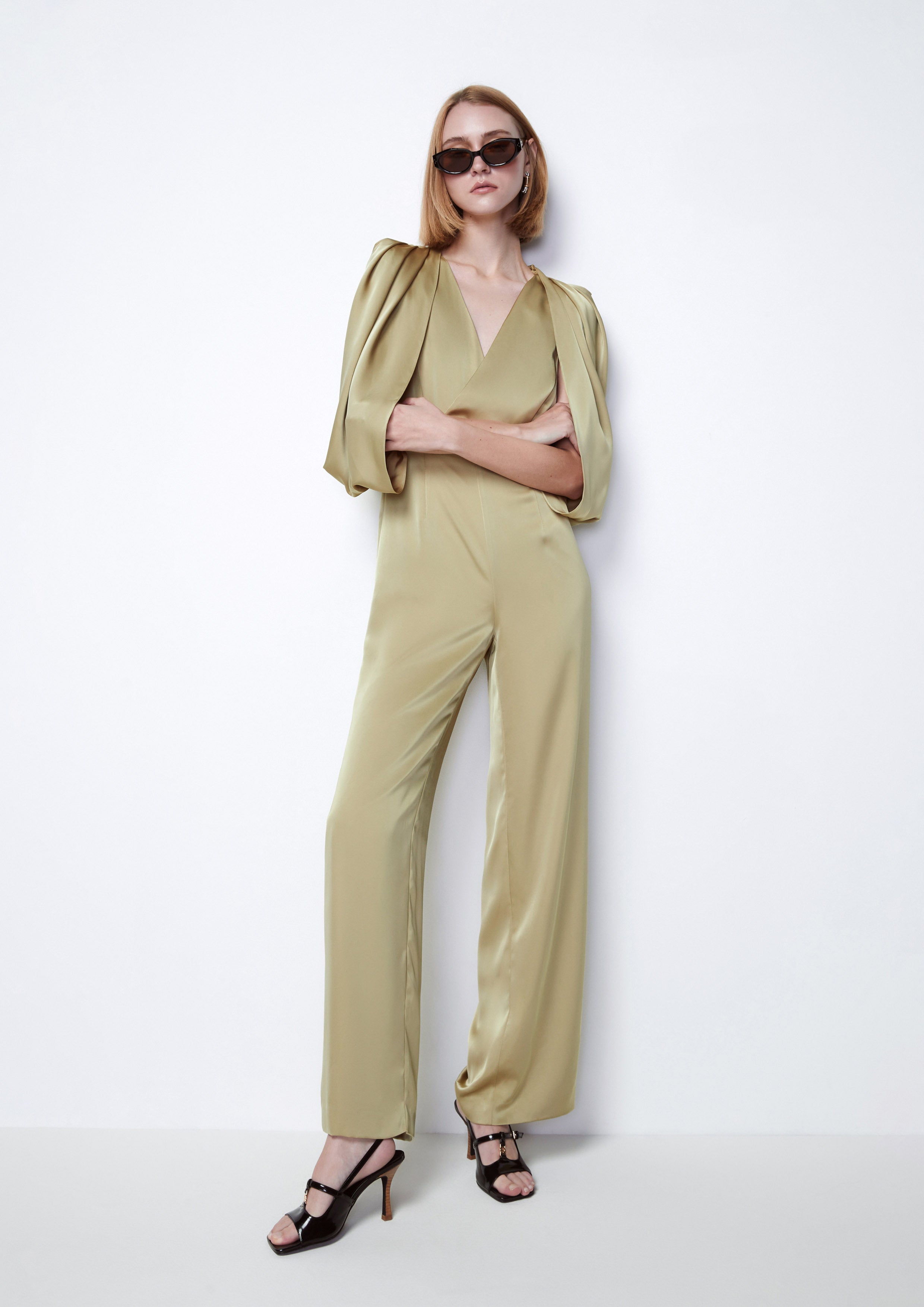 Pleated Cape Sleeve Jumpsuit