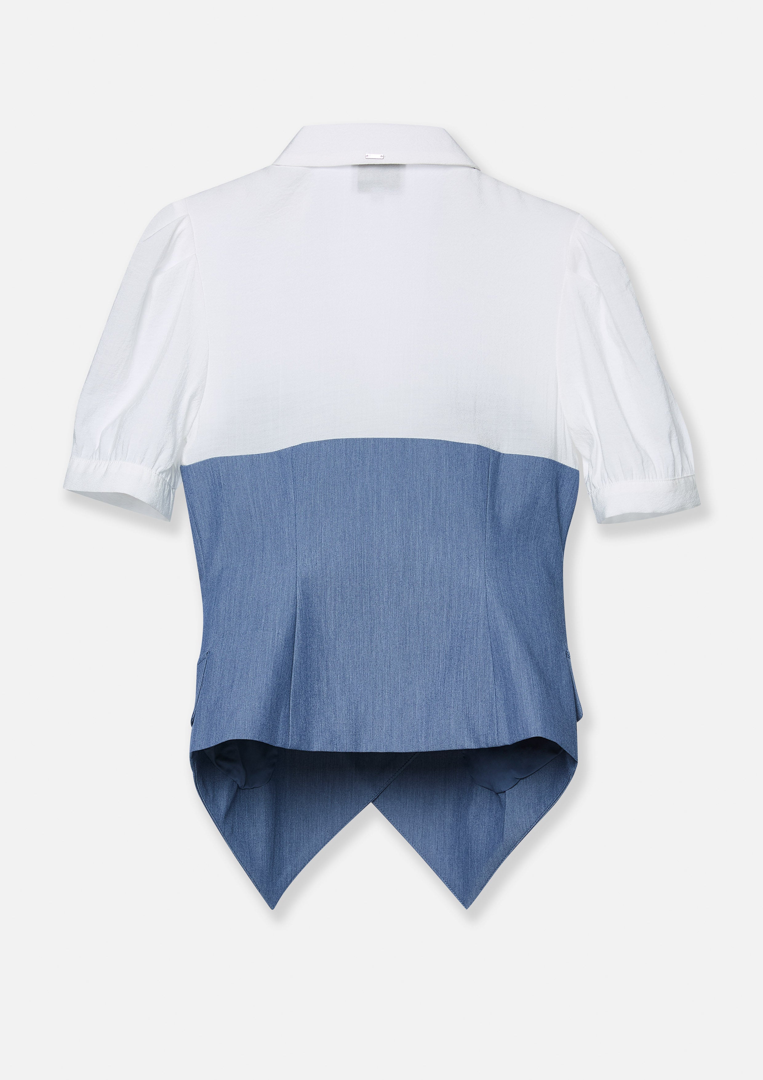 Denim Colour-Blocked Puffed Sleeve Top