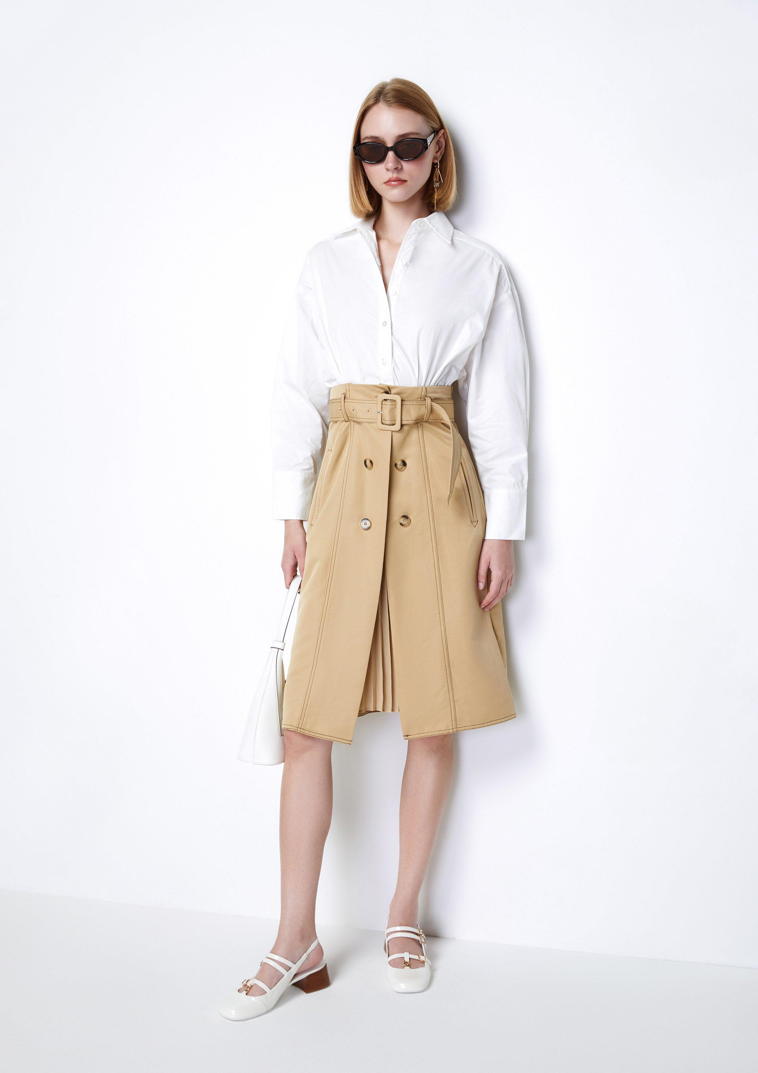 High Waist Belt Double Button Skirt Midi Shirt Dress - QuinnOfficial Store