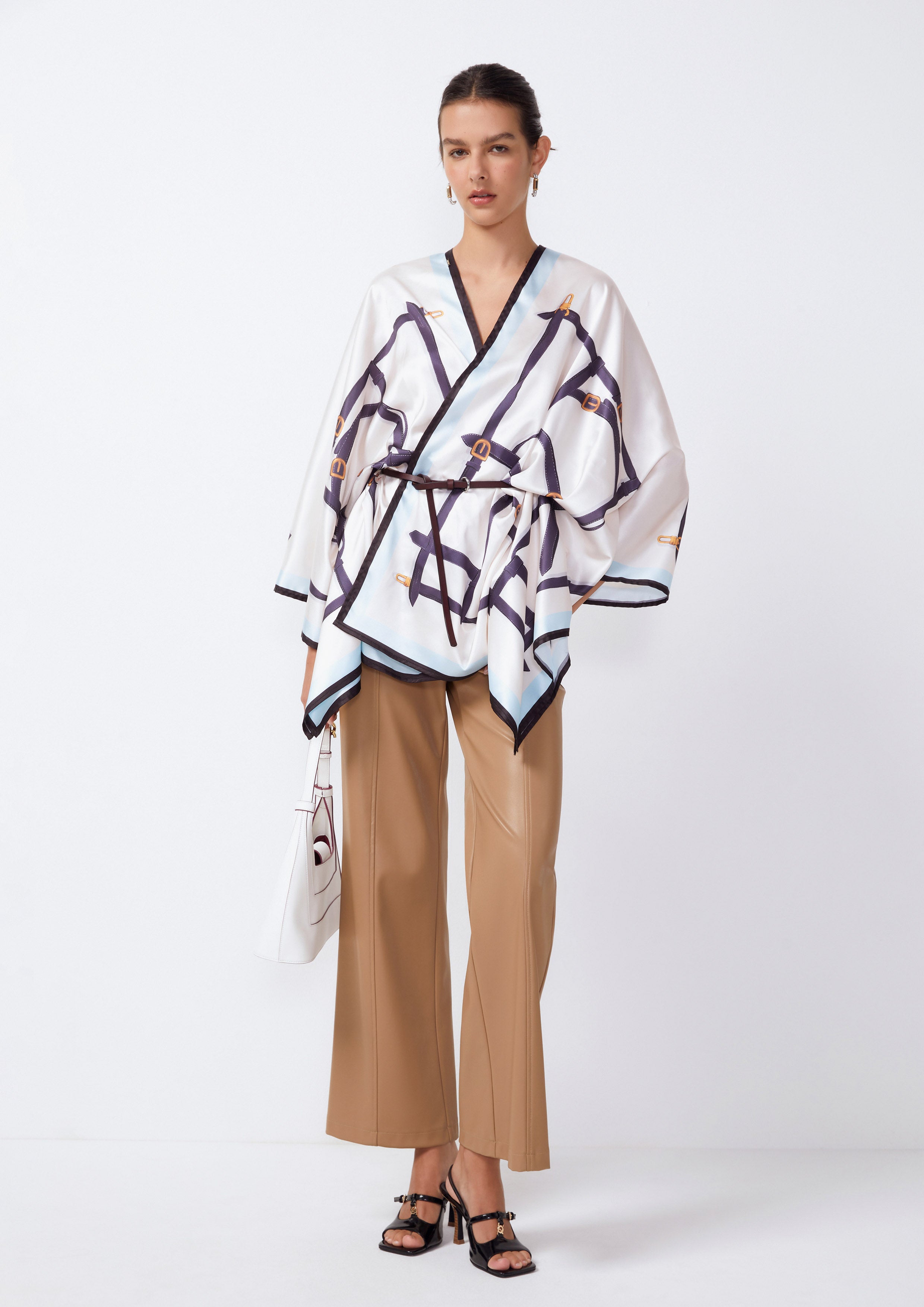 Sleek Buckle Belt Printed Silk Cape Blouse with Belt