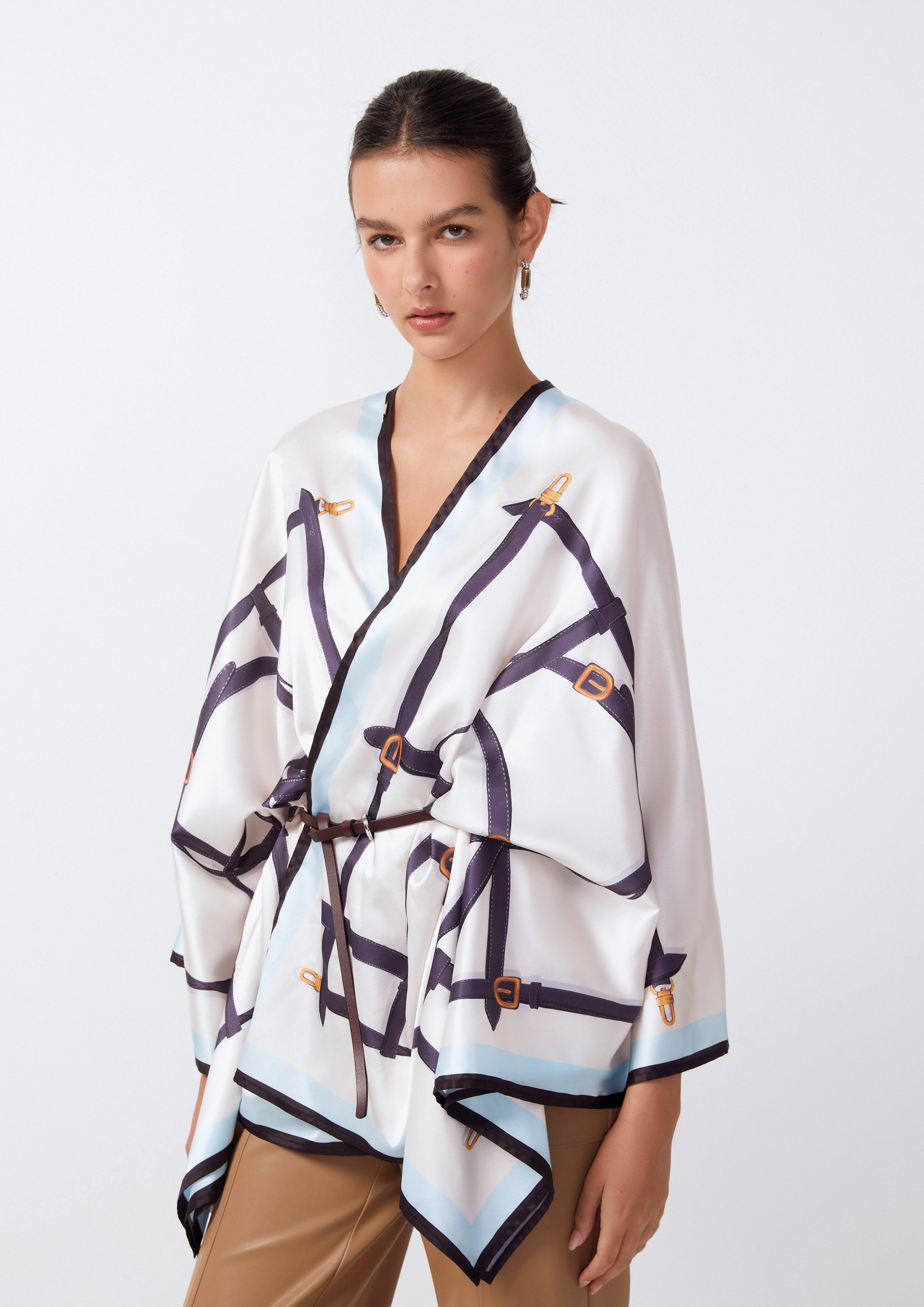 Sleek Buckle Belt Printed Silk Cape Blouse with Belt