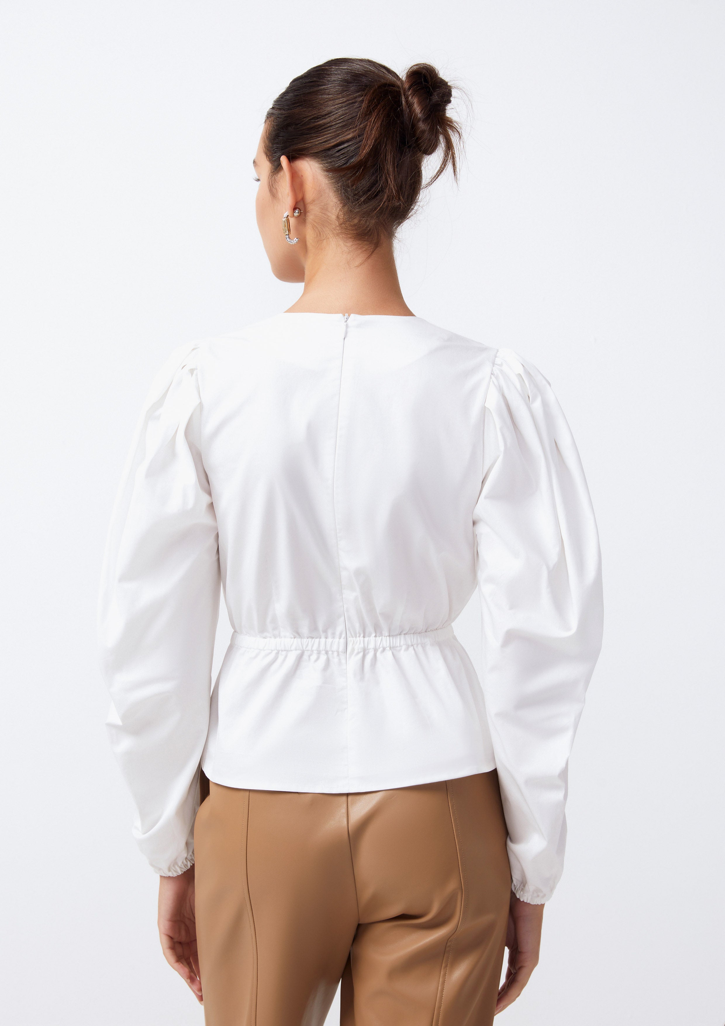 Cinched Waist Long Puffed Sleeve Blouse