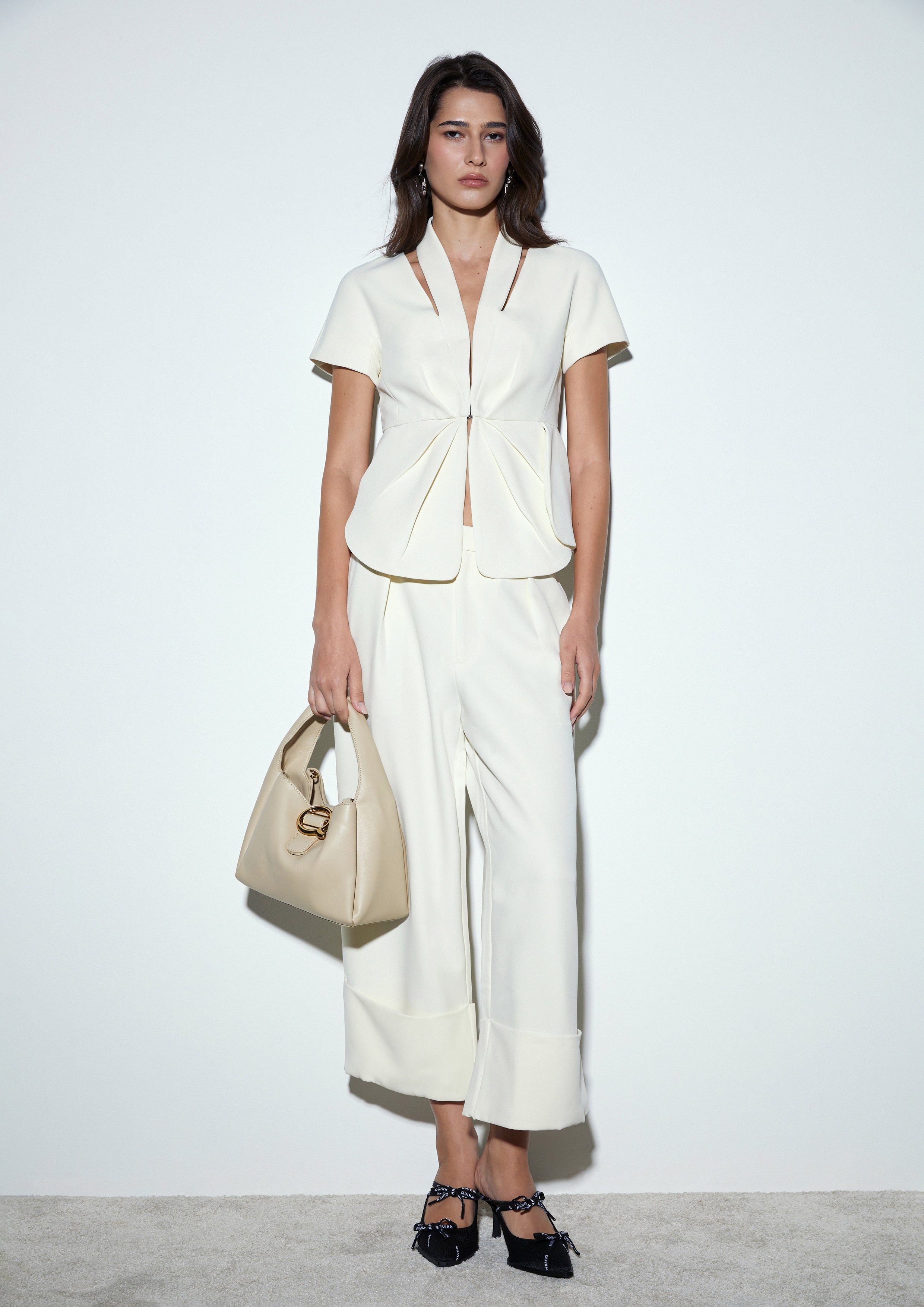 Pleated Cropped Length Wide-Leg Trousers