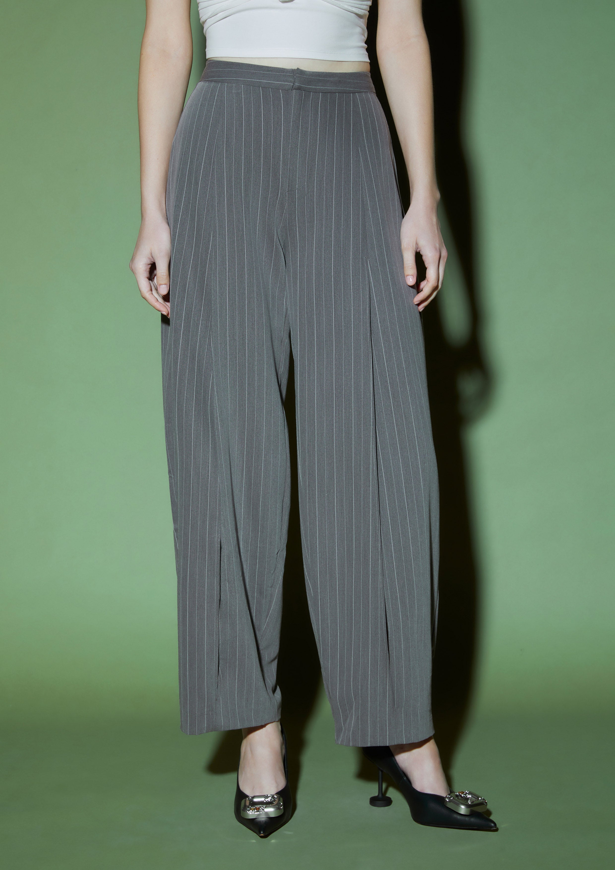 Striped Curved Wide-Leg Trousers