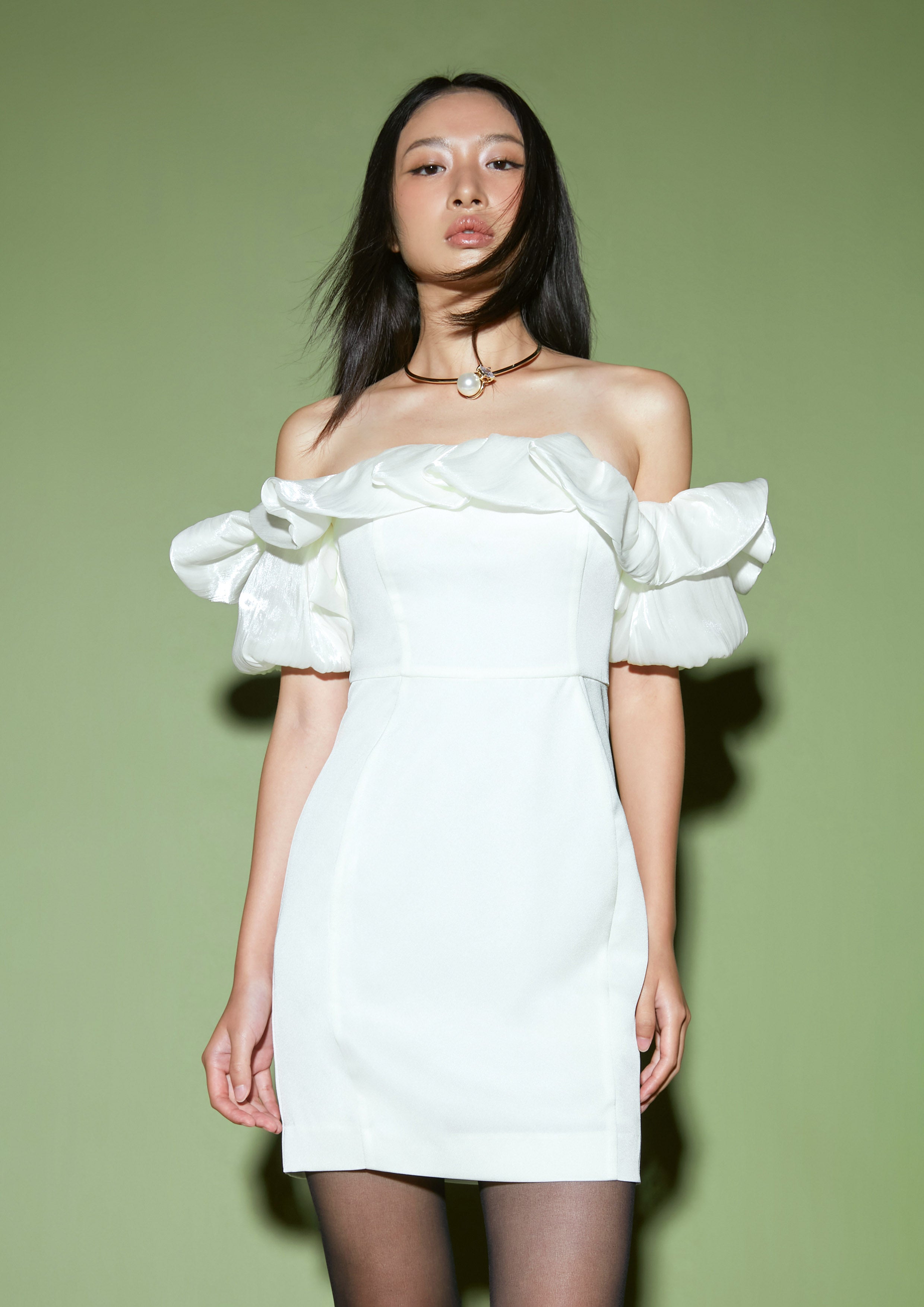 Sculptural Ruffle Off-Shoulder Dress