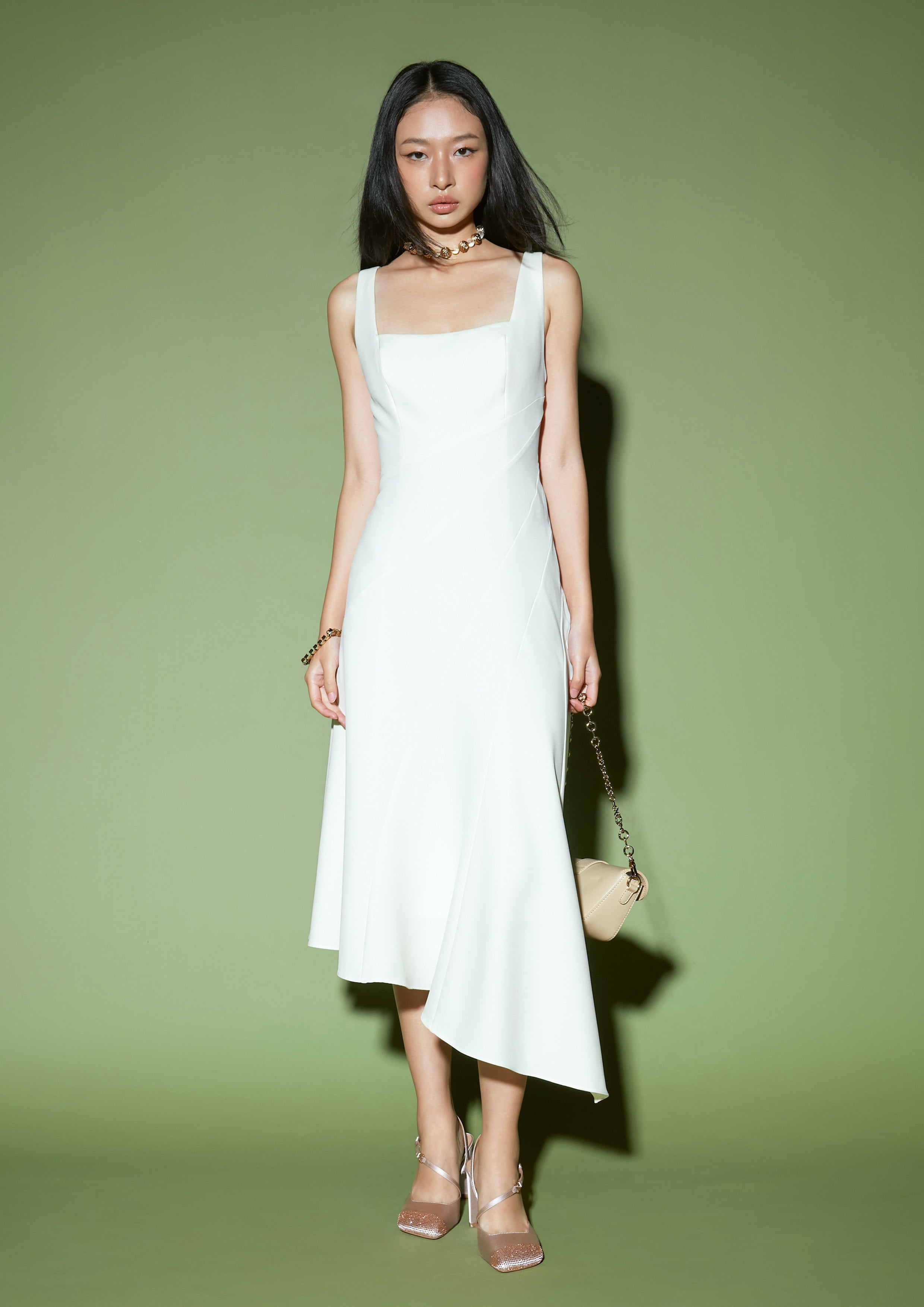 Asymmetric Spiral Seam Midi Dress