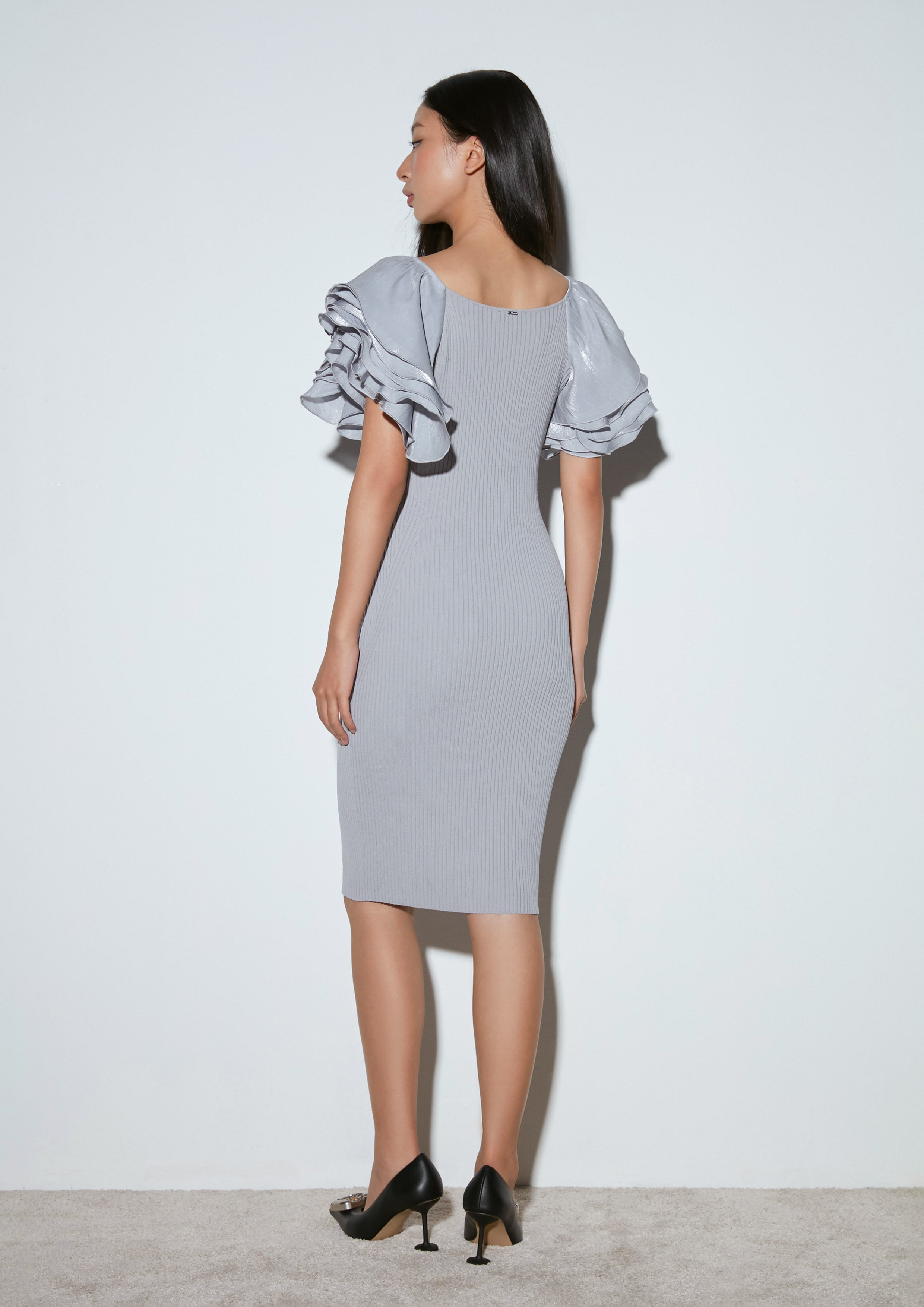 Flutter Sleeve Ribbed Midi Dress