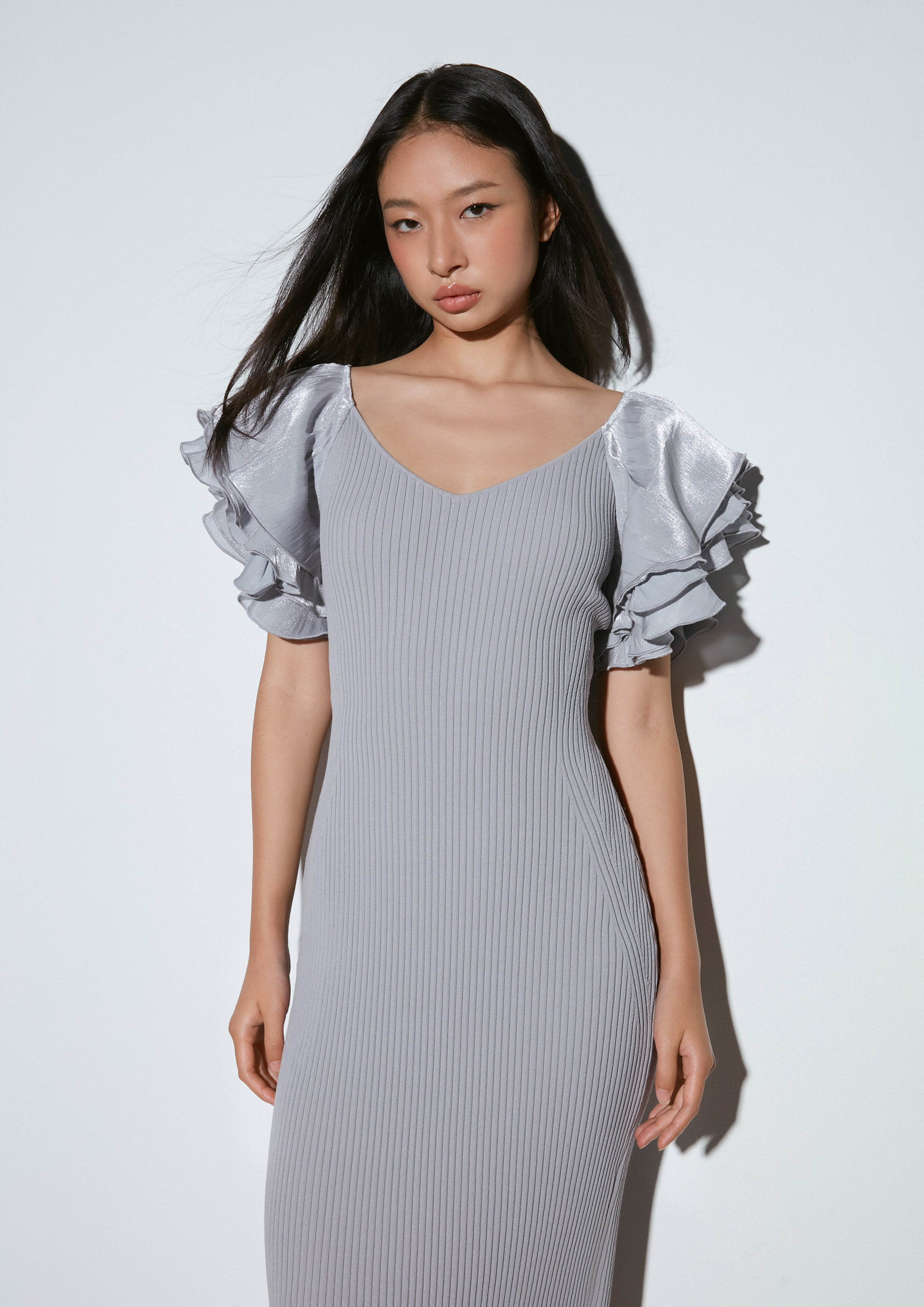 Flutter Sleeve Ribbed Midi Dress