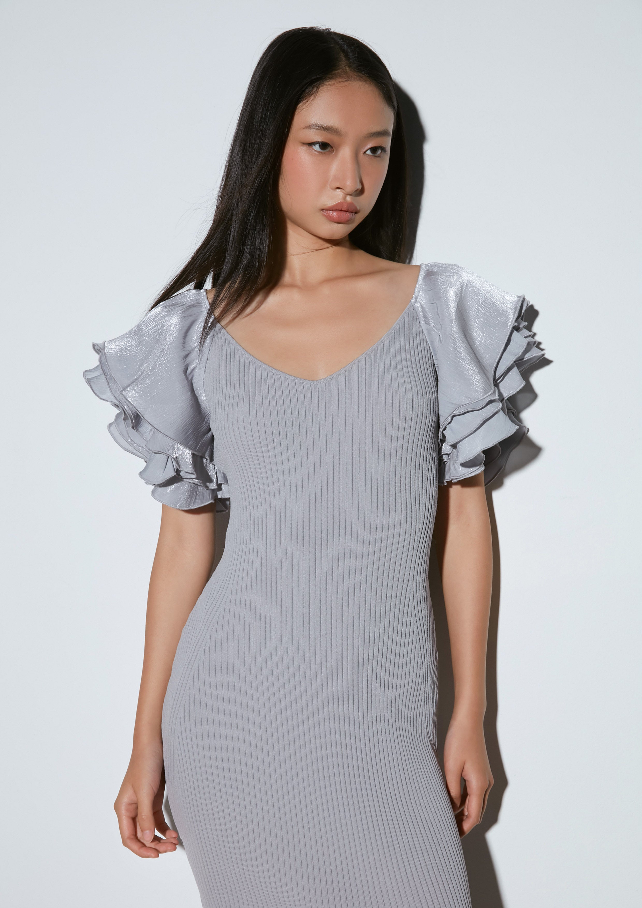 Flutter Sleeve Ribbed Midi Dress