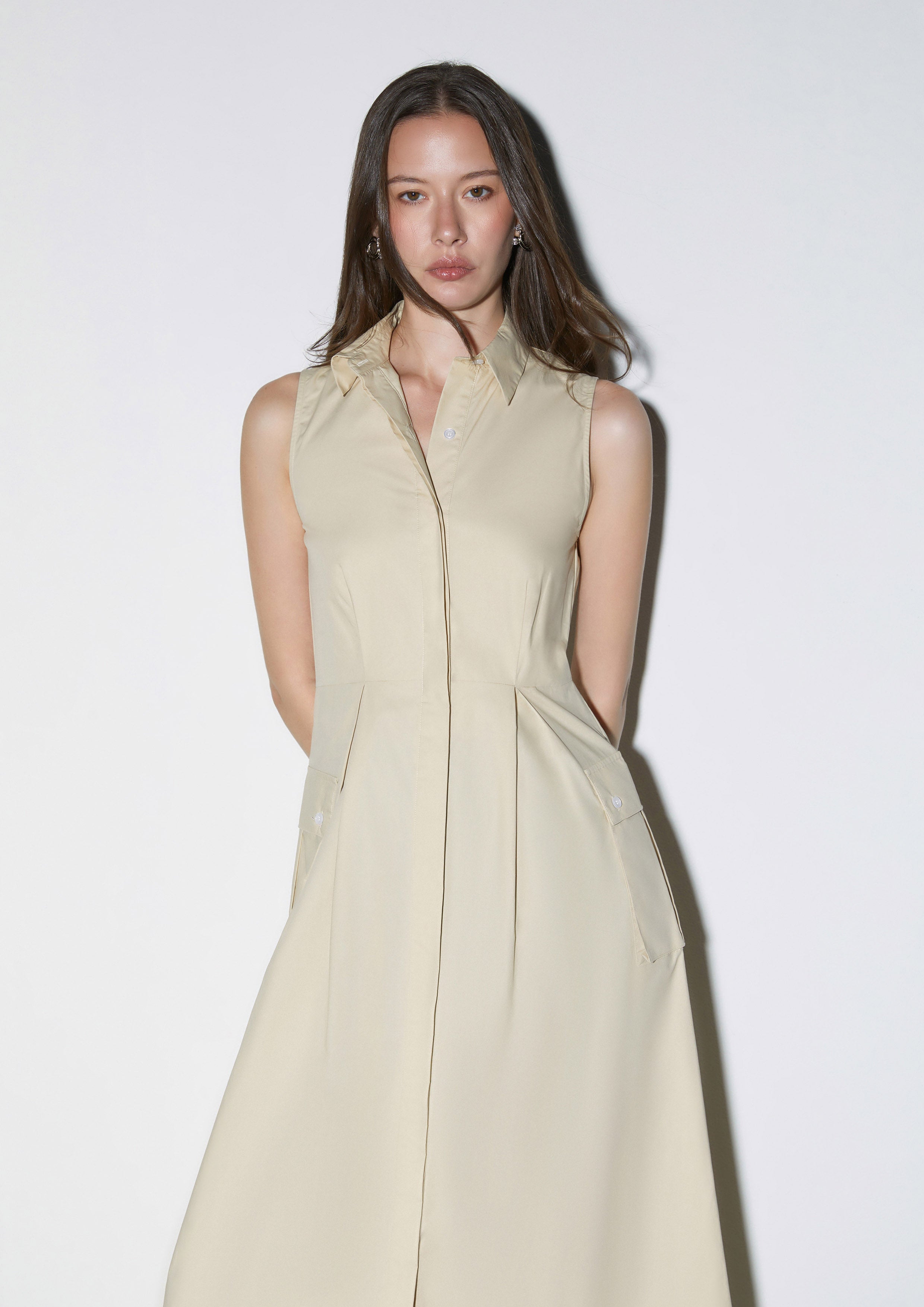 Safari Cargo Sleeveless Midi Shirt Dress