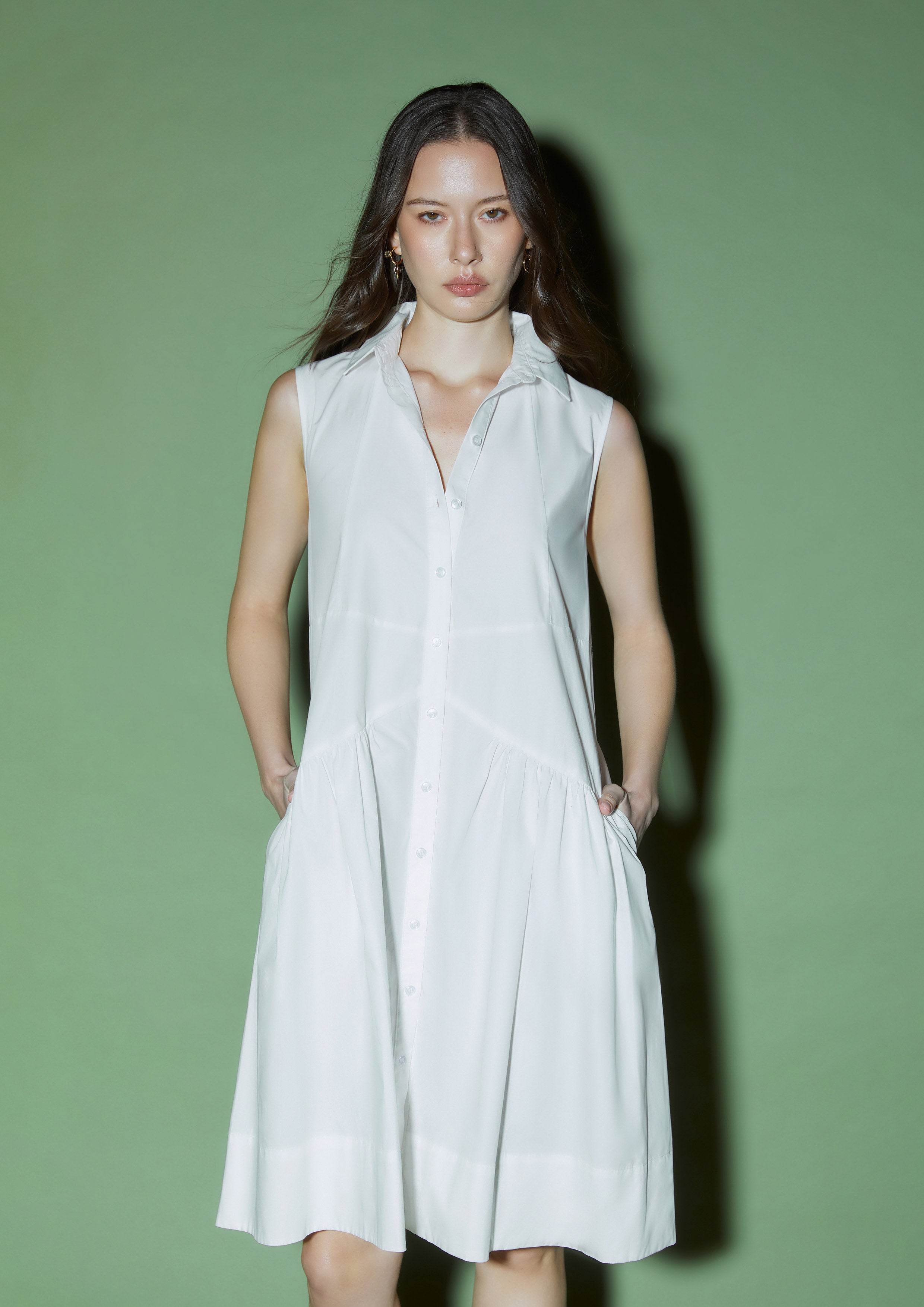 Drop-Waist Cotton Sleeveless Midi Shirt Dress