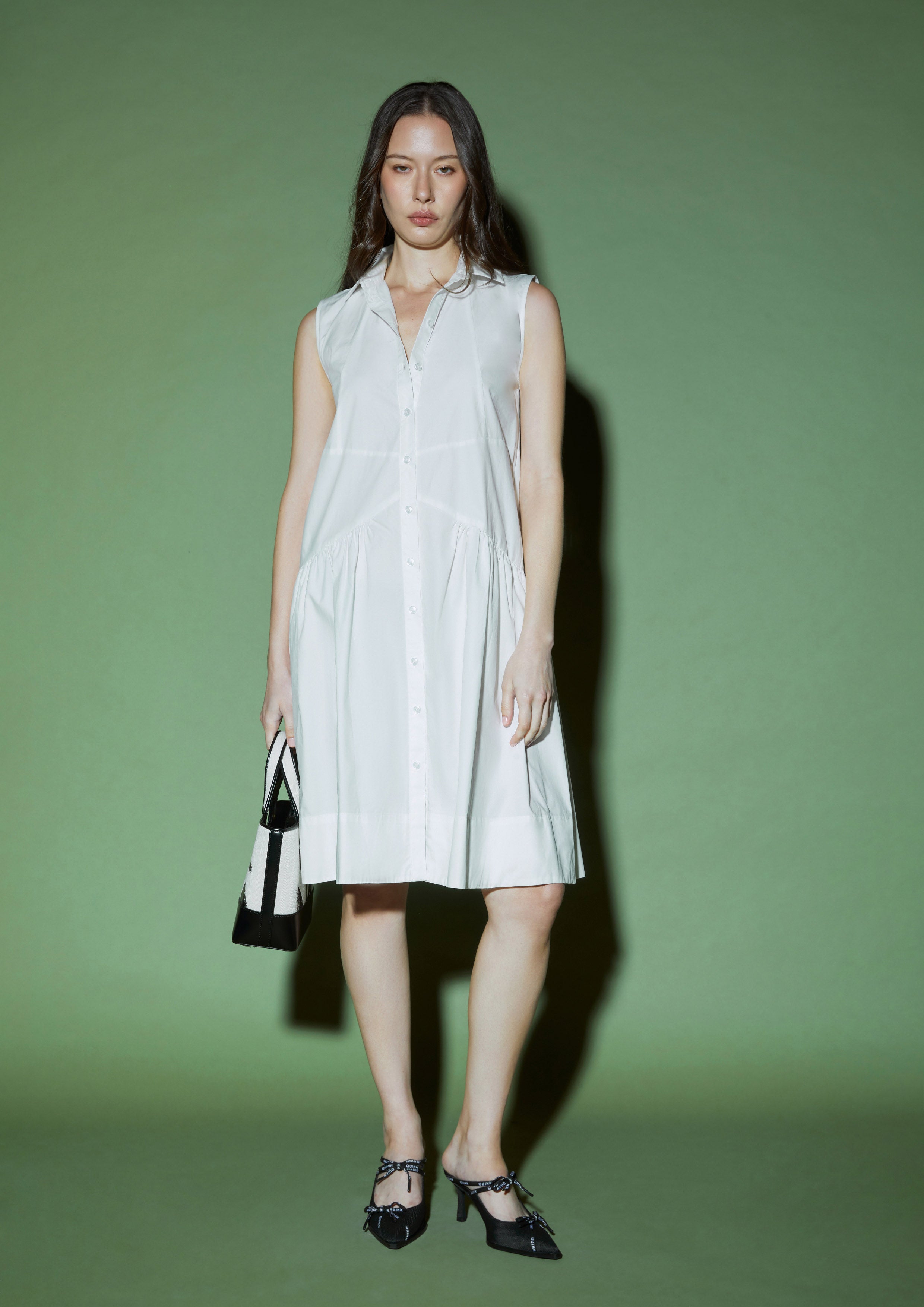 Drop-Waist Cotton Sleeveless Midi Shirt Dress