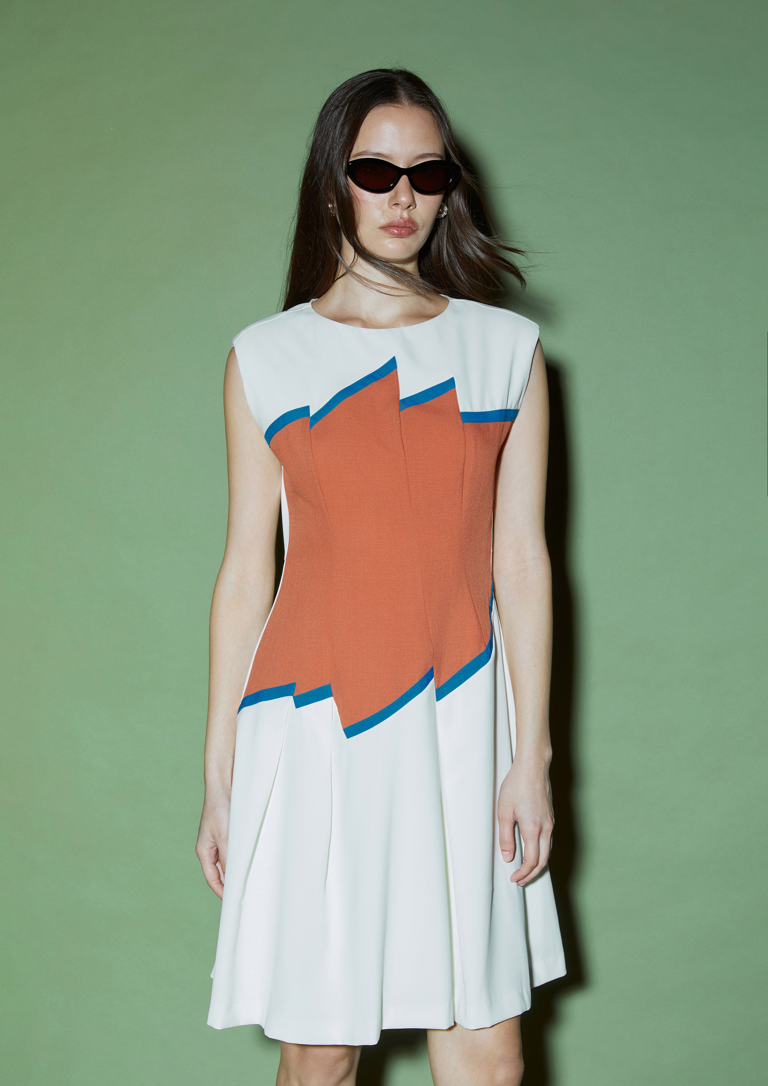 Geometric Contrast Colorblock Fit & Flare Mini Dress