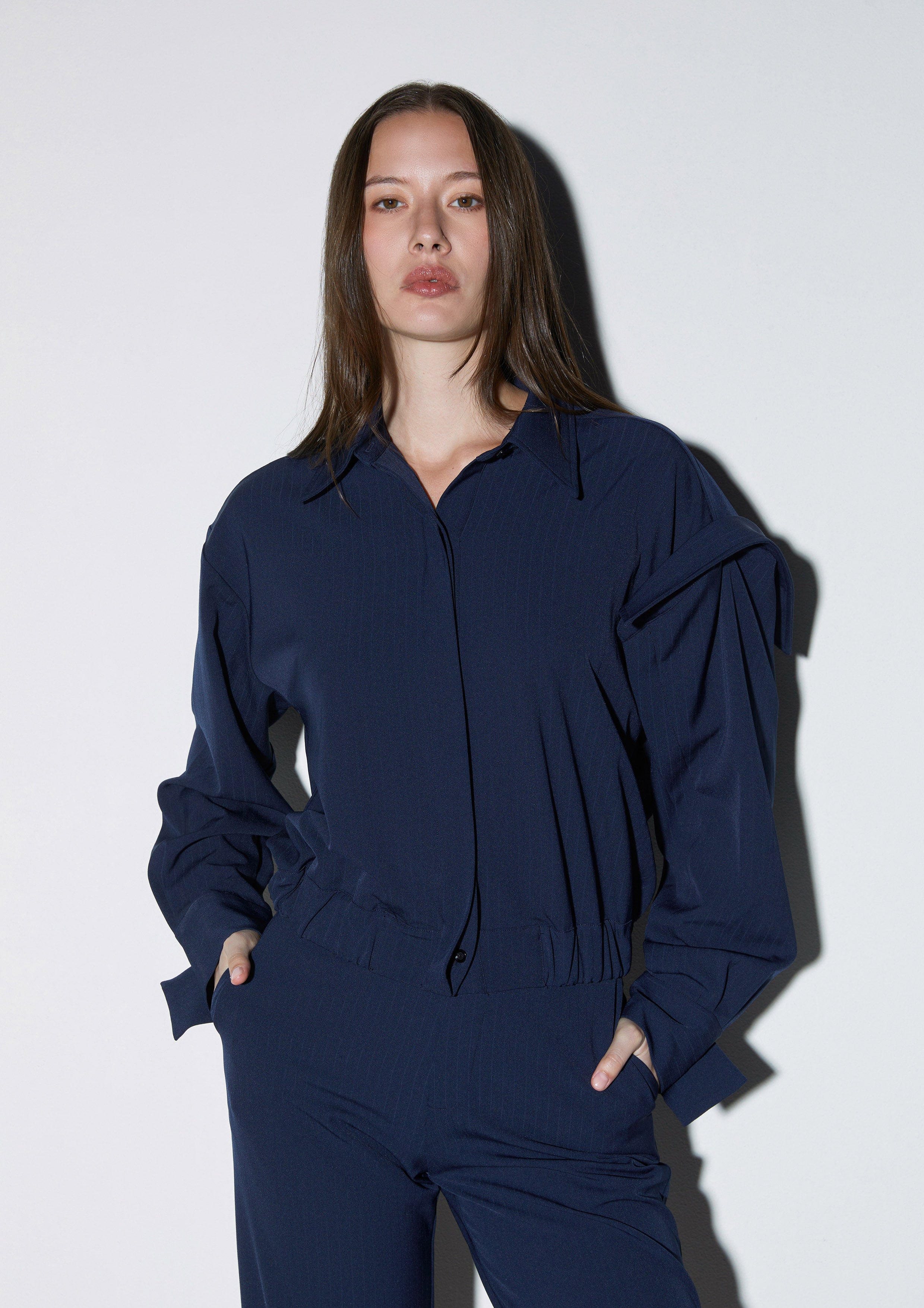 Side Shoulder Pleated Cropped Bomber Shirt