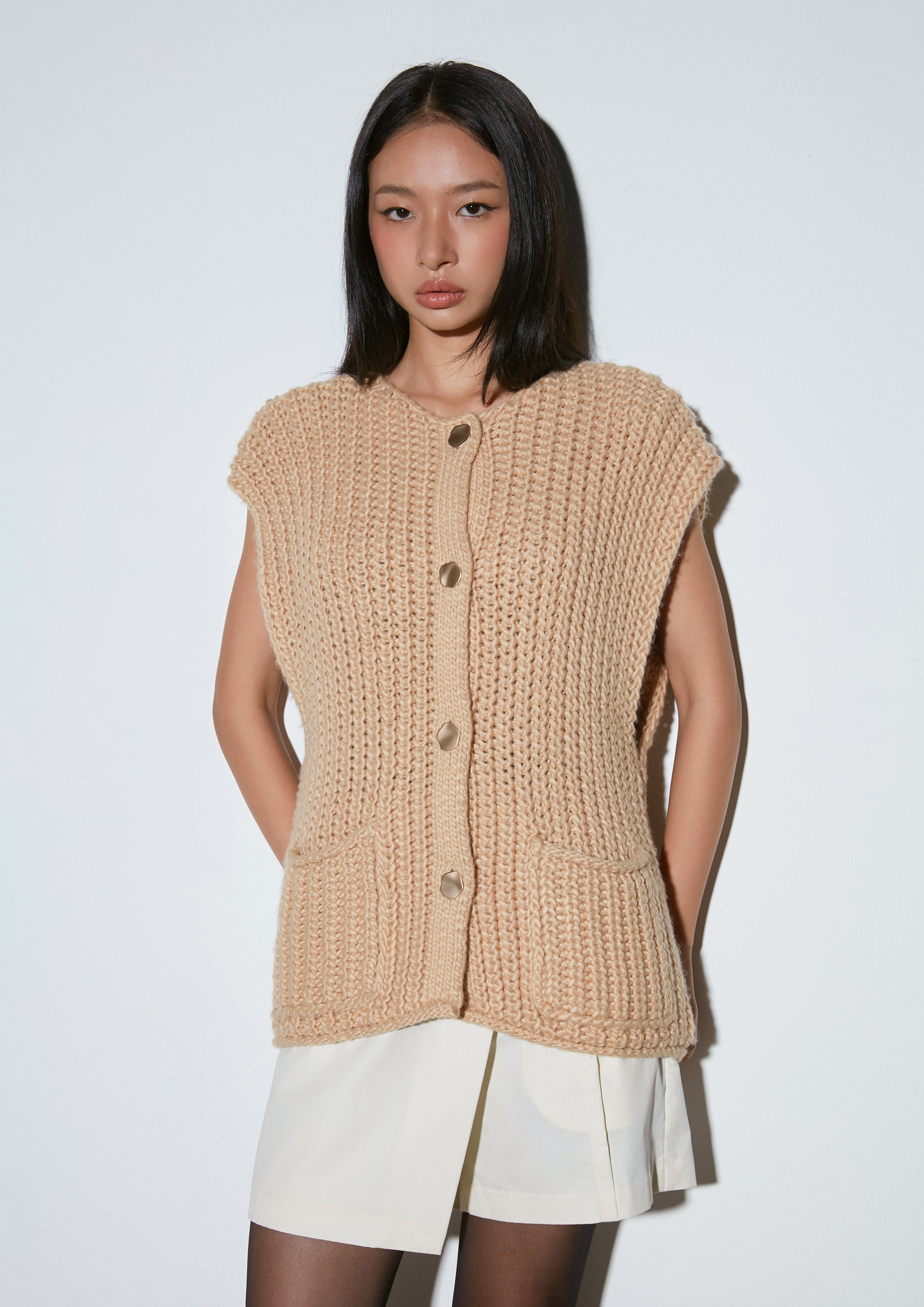 Mesh Knit Button Down Sleeveless Top