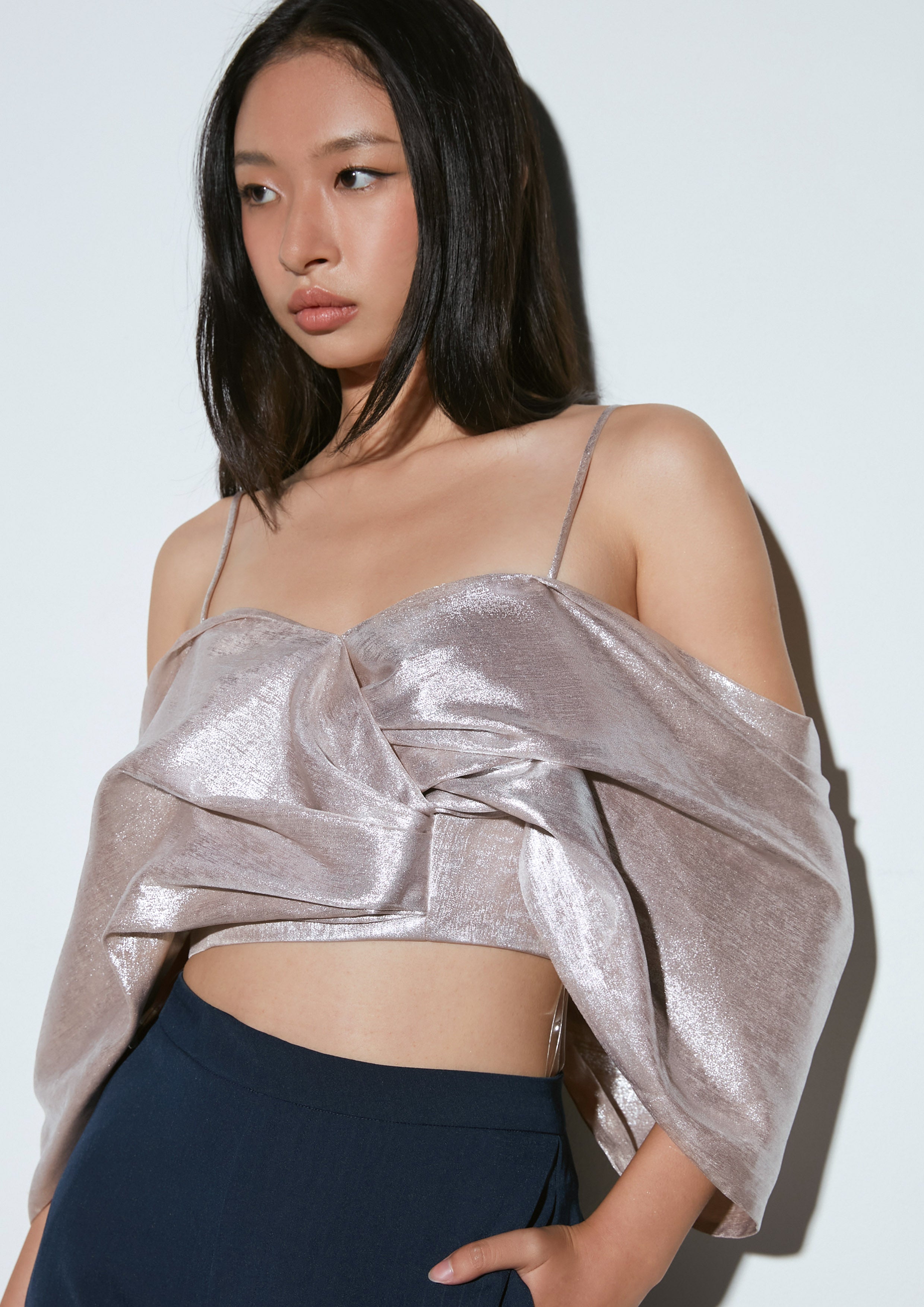 Draped Metallic Bandeau Top