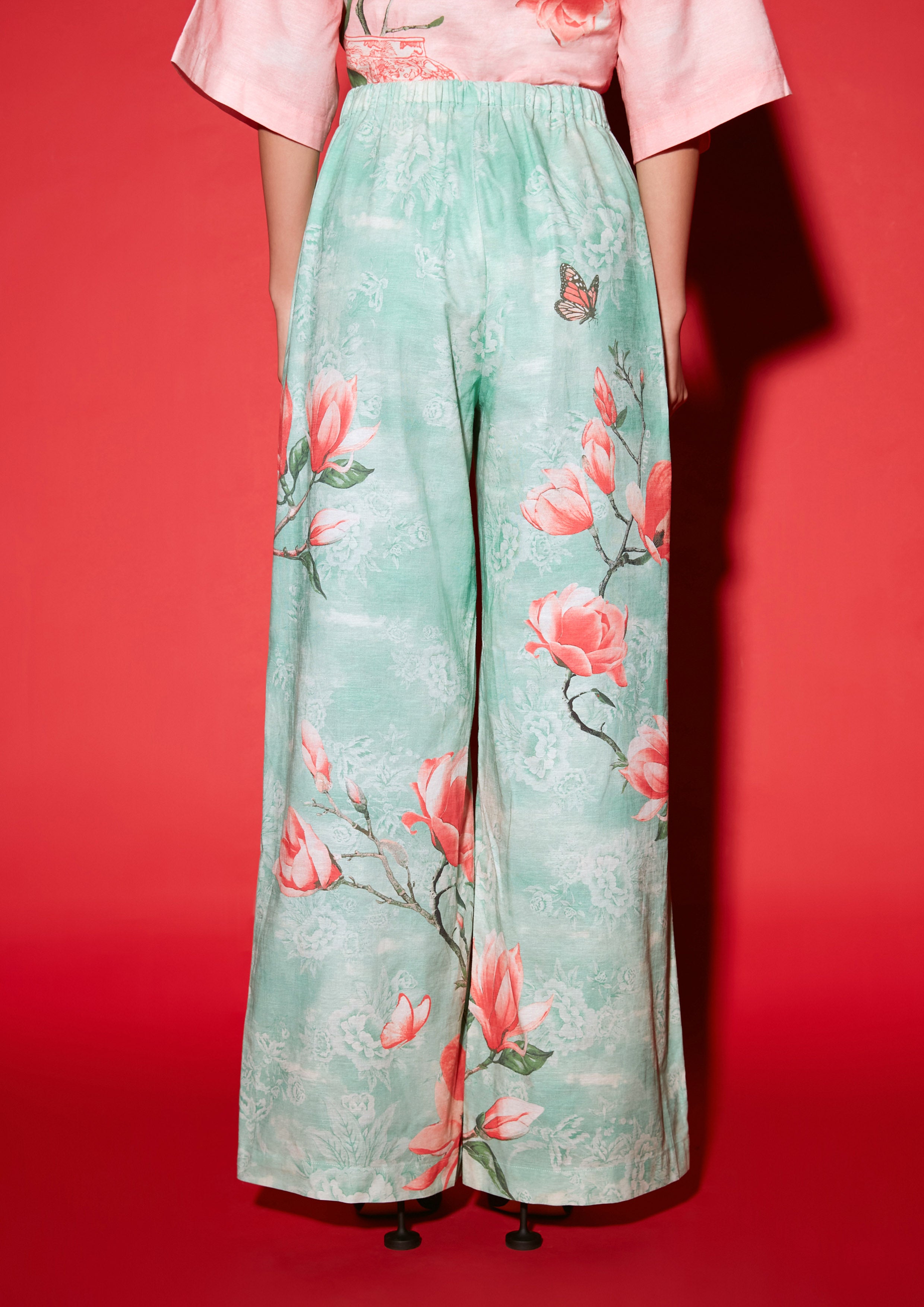 Porcelain and Botanical Charm Print Wide Leg Trousers