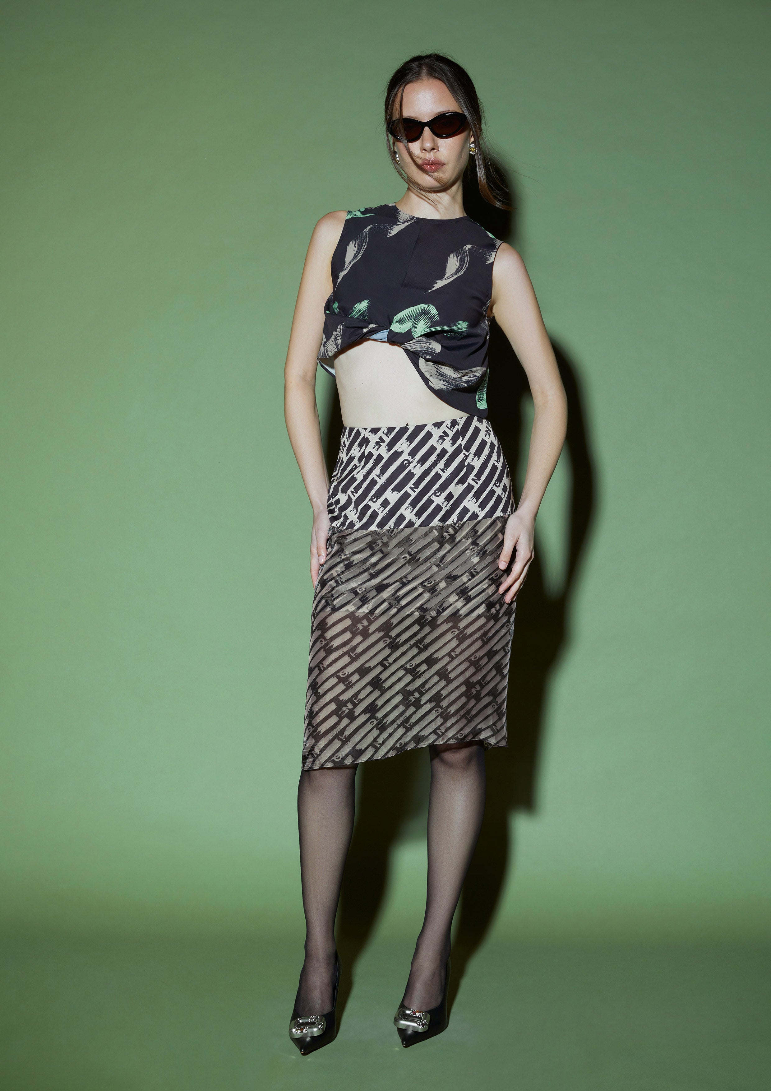 Quinn Brushstroke Print Geometric Layer Pencil Skirt