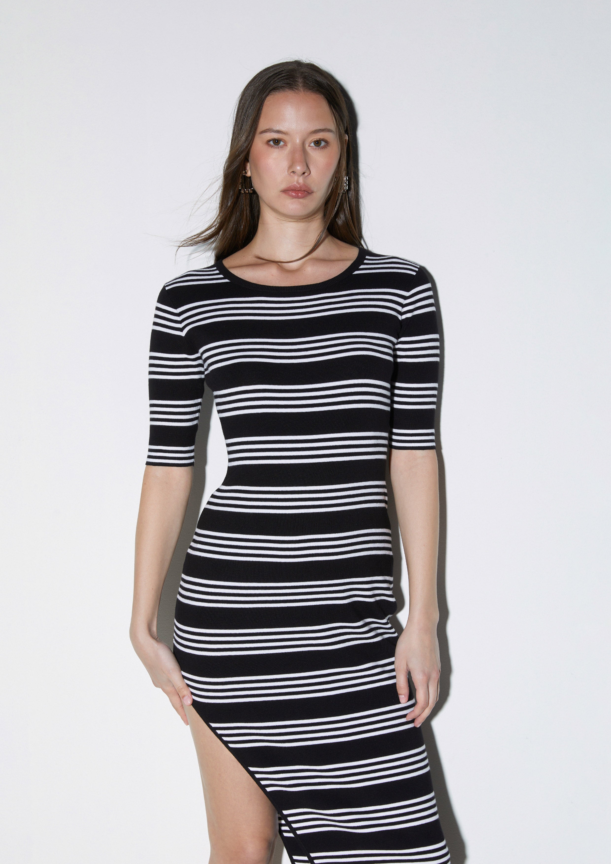 Striped Side-Slit Midi Sheath Dress