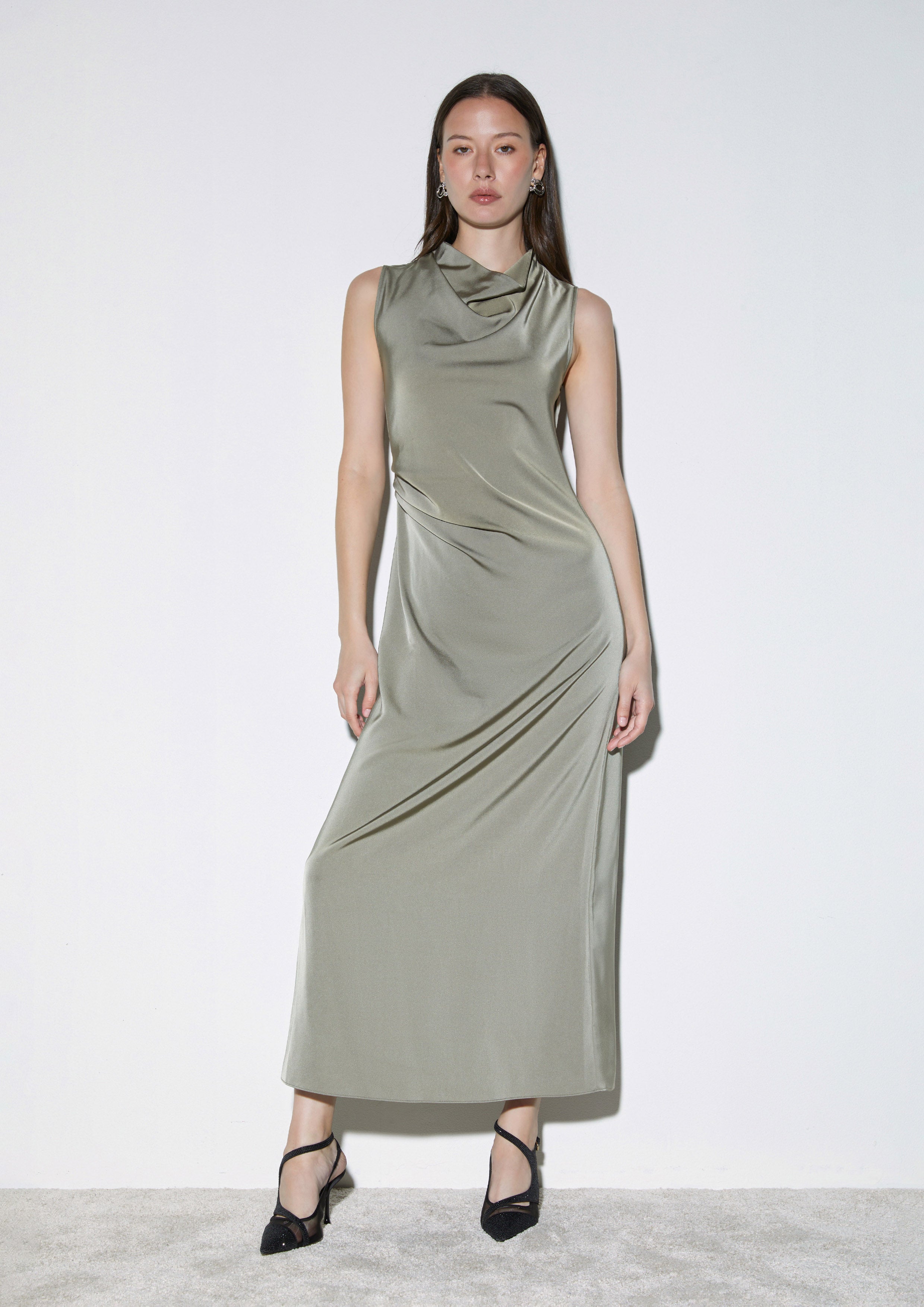 Asymmetric Draped Cowl Neck Maxi Dress